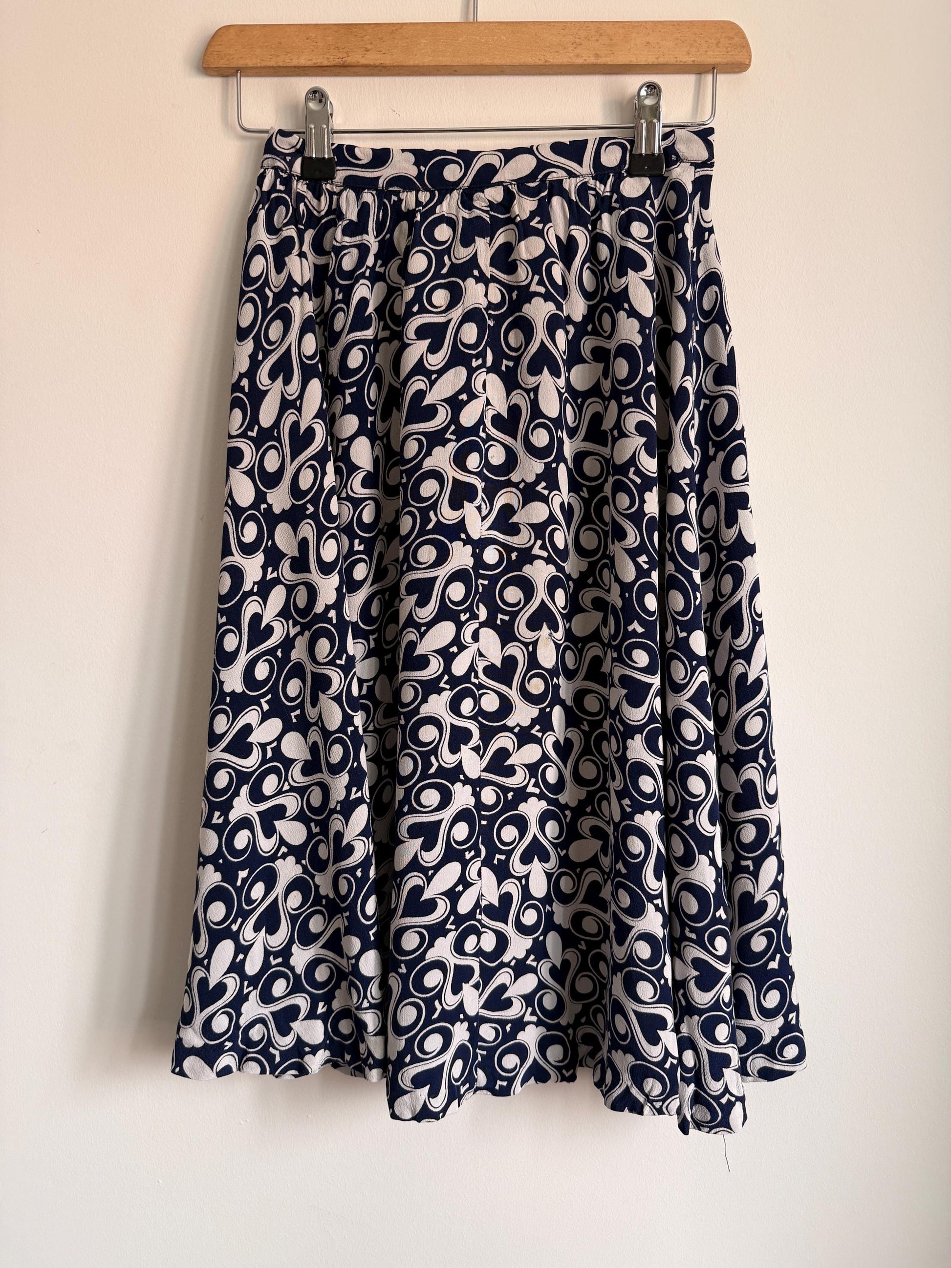 Vintage 1970s Blue & White Patterned Midi Skirt | Retro Graphic Print | High Waist A Line Skirt | Mod Boho | UK 10-12