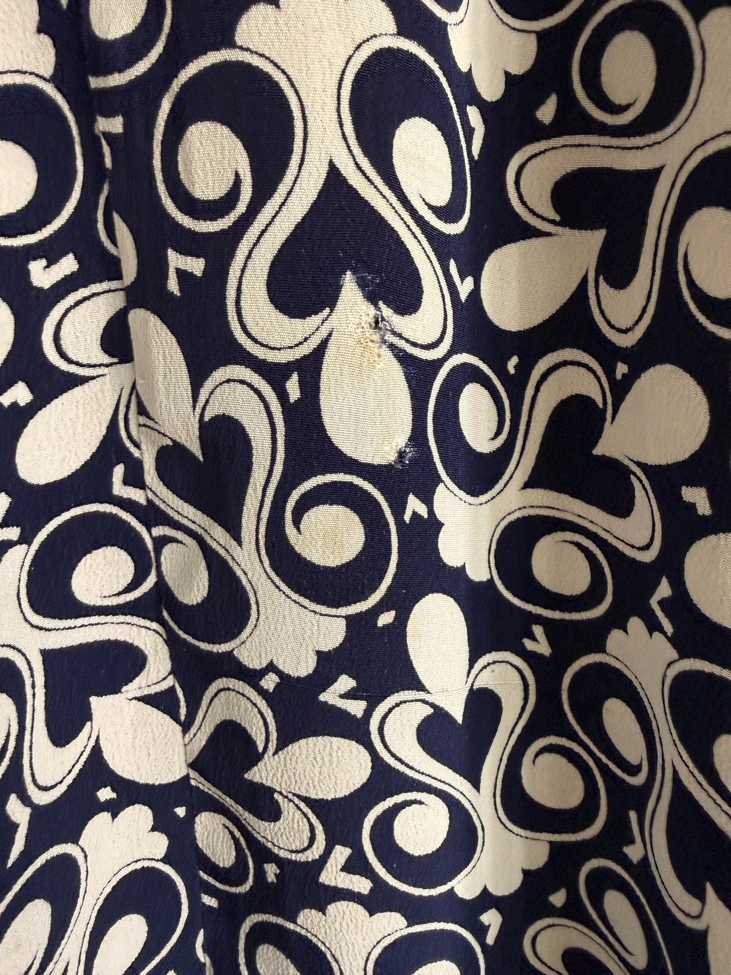 Vintage 1970s Blue & White Patterned Midi Skirt | Retro Graphic Print | High Waist A Line Skirt | Mod Boho | UK 10-12
