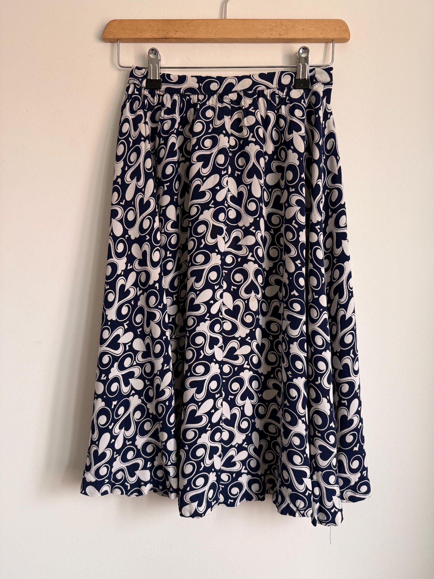 Vintage 1970s Blue & White Patterned Midi Skirt | Retro Graphic Print | High Waist A Line Skirt | Mod Boho | UK 10-12