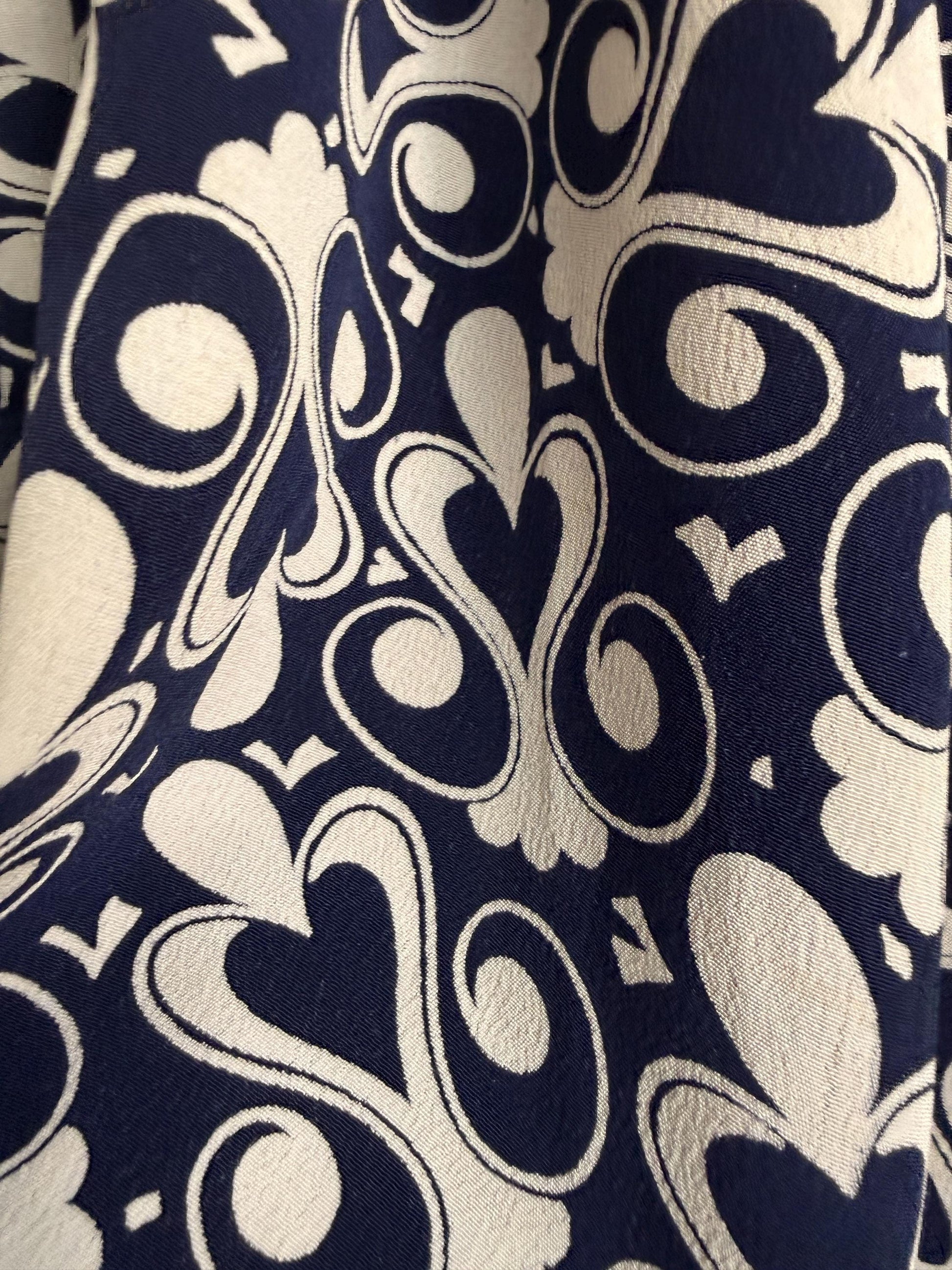 Vintage 1970s Blue & White Patterned Midi Skirt | Retro Graphic Print | High Waist A Line Skirt | Mod Boho | UK 10-12