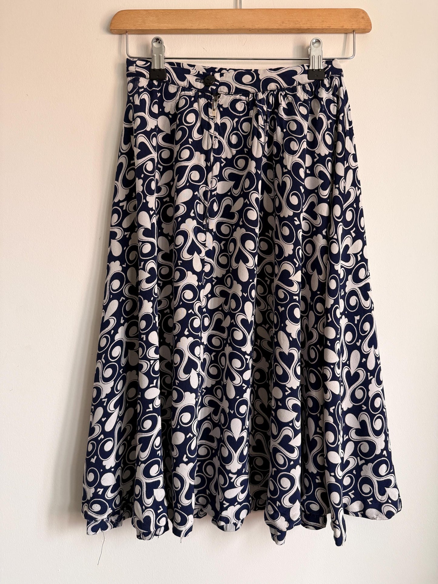 Vintage 1970s Blue & White Patterned Midi Skirt | Retro Graphic Print | High Waist A Line Skirt | Mod Boho | UK 10-12