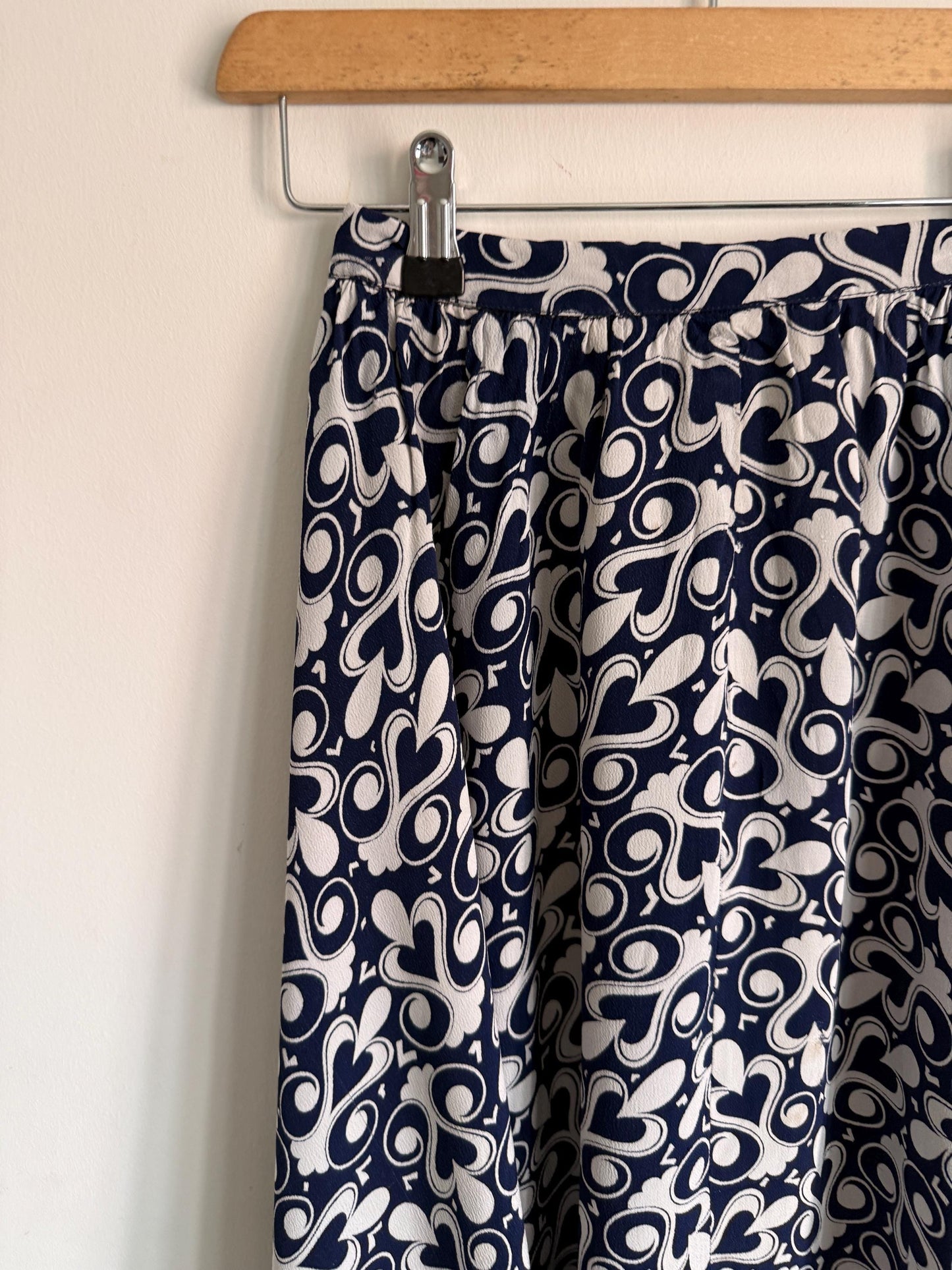 Vintage 1970s Blue & White Patterned Midi Skirt | Retro Graphic Print | High Waist A Line Skirt | Mod Boho | UK 10-12
