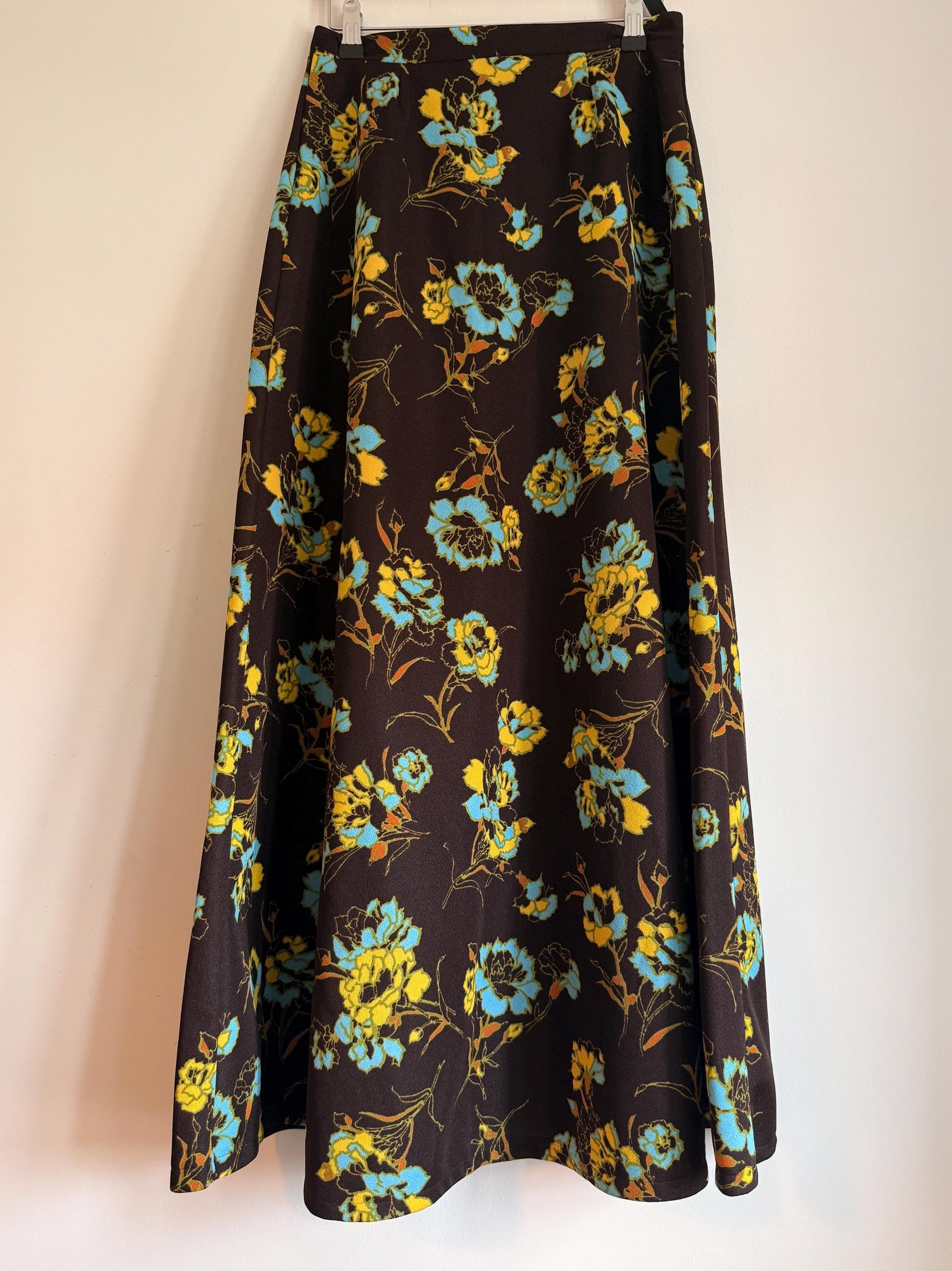 Vintage 1970s Brown Floral Maxi Skirt | Turquoise Mustard Flower Print | Boho A Line Skirt