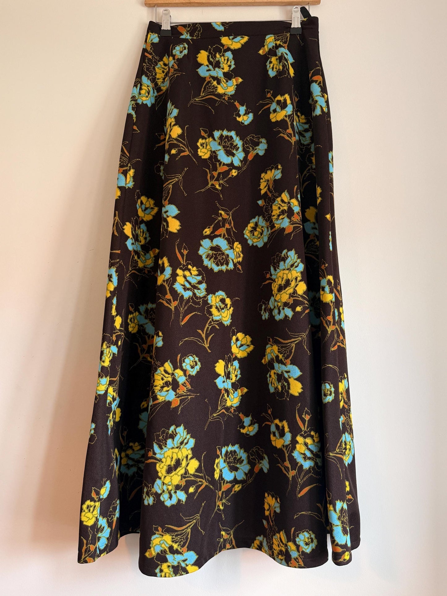 Vintage 1970s Brown Floral Maxi Skirt | Turquoise Mustard Flower Print | Boho A Line Skirt