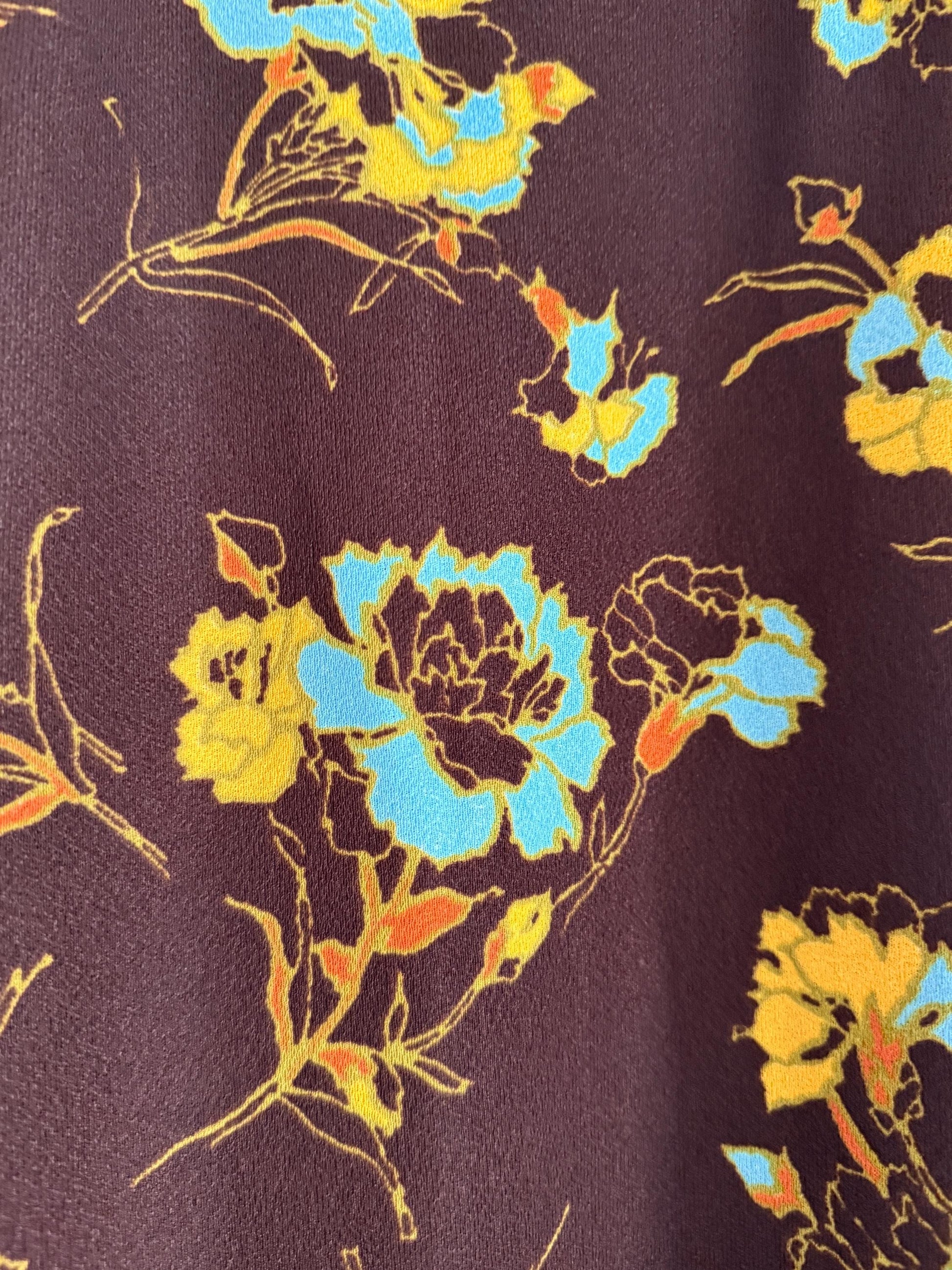Vintage 1970s Brown Floral Maxi Skirt | Turquoise Mustard Flower Print | Boho A Line Skirt