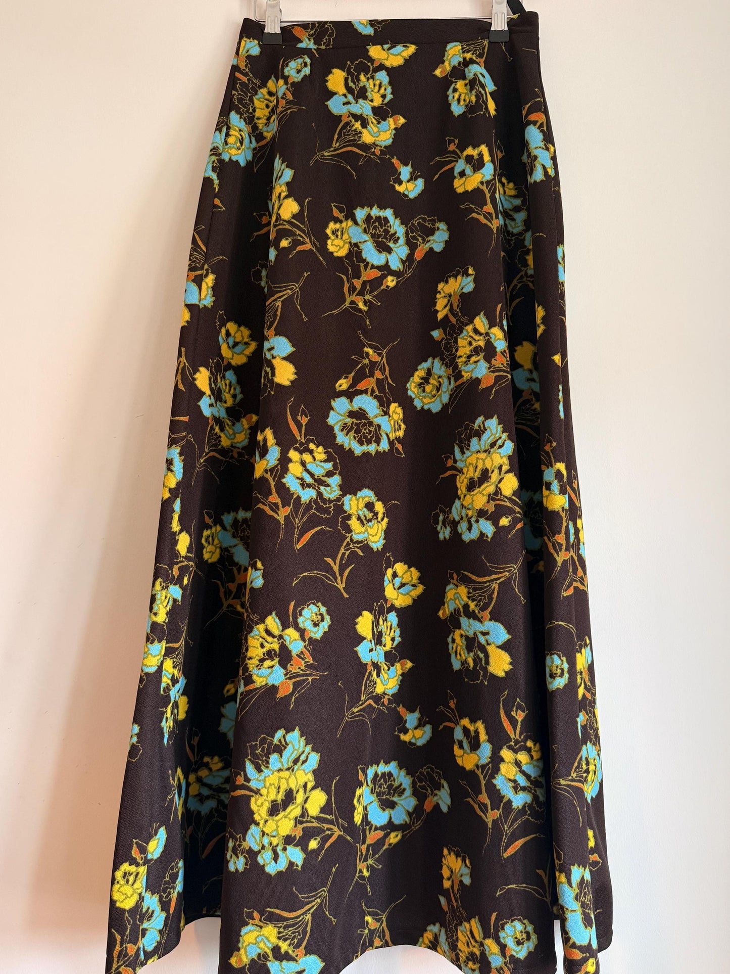 Vintage 1970s Brown Floral Maxi Skirt | Turquoise Mustard Flower Print | Boho A Line Skirt