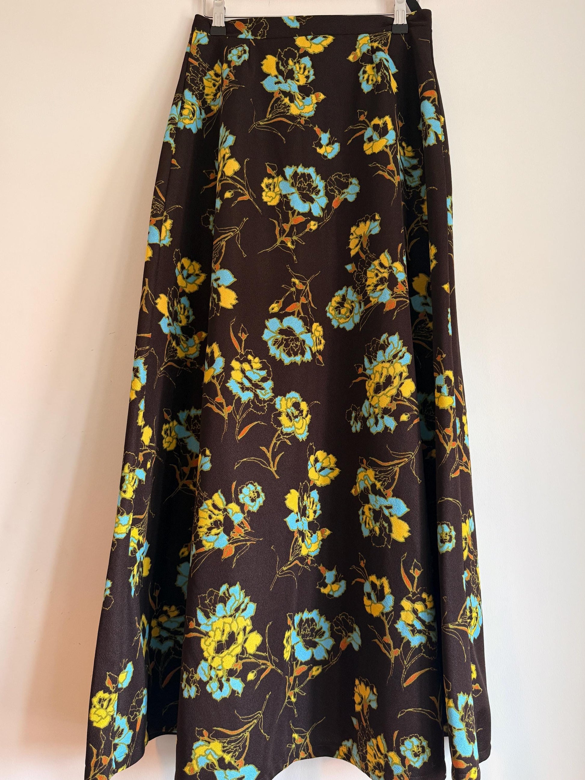 Vintage 1970s Brown Floral Maxi Skirt | Turquoise Mustard Flower Print | Boho A Line Skirt