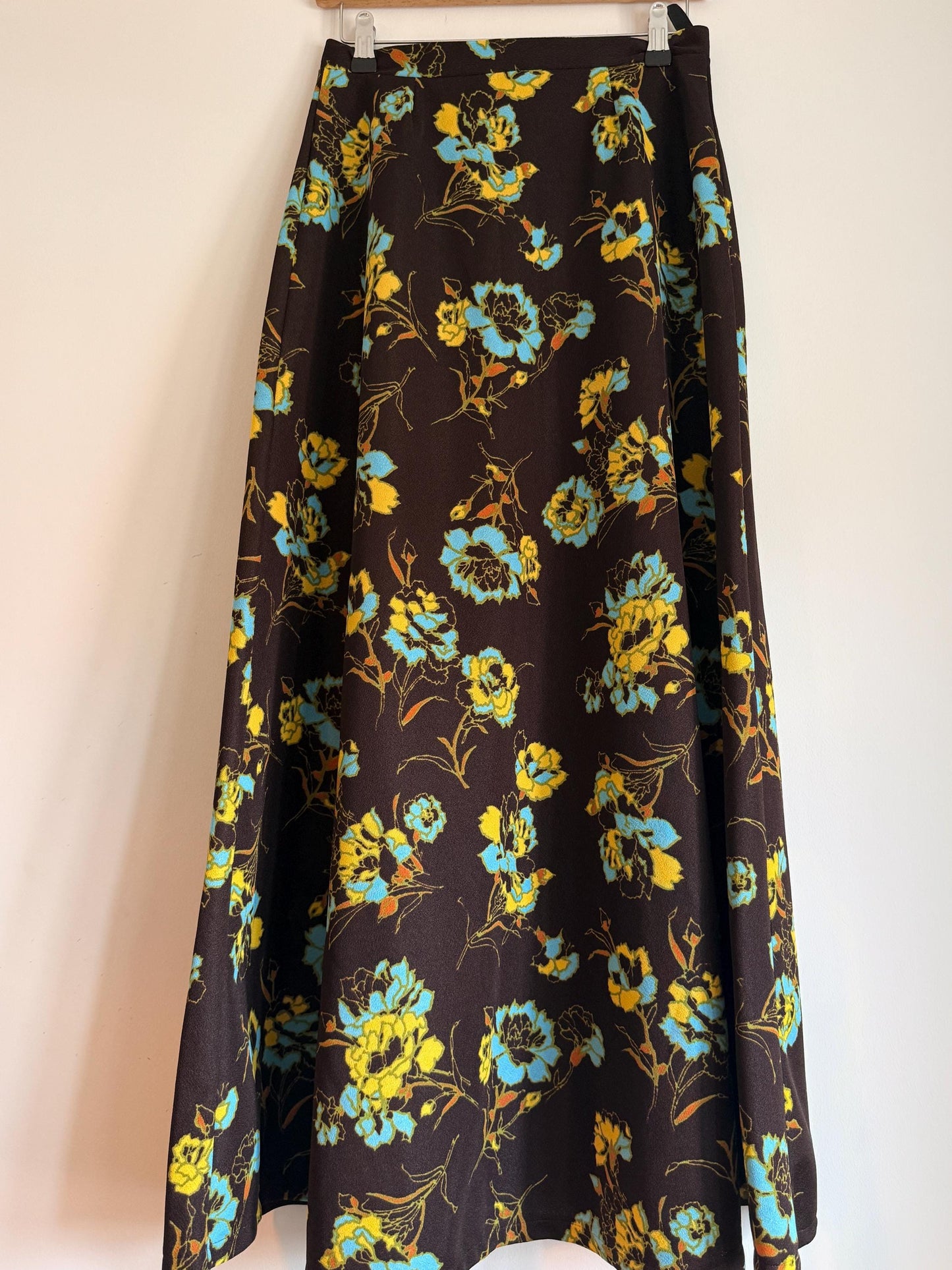 Vintage 1970s Brown Floral Maxi Skirt | Turquoise Mustard Flower Print | Boho A Line Skirt