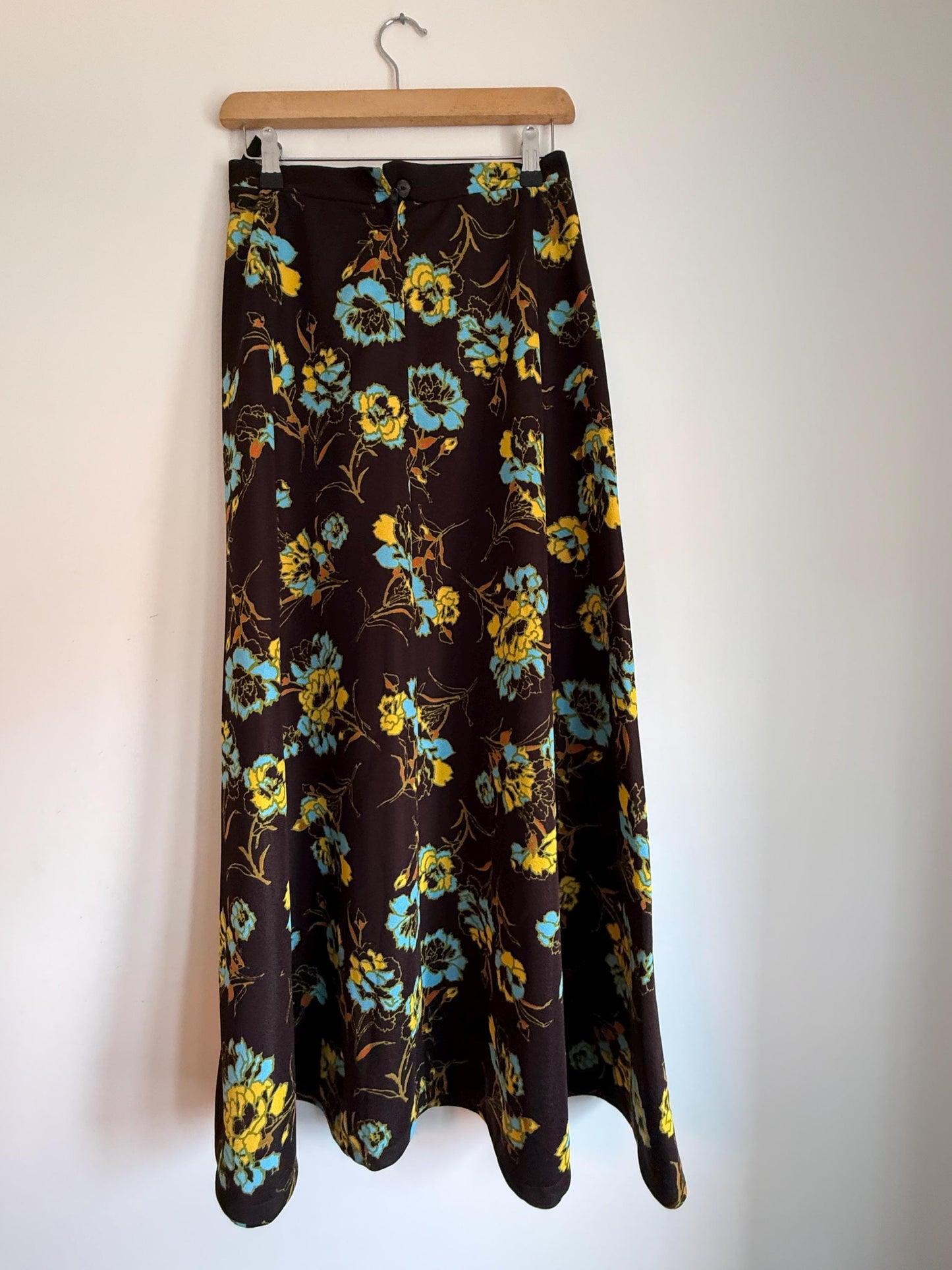 Vintage 1970s Brown Floral Maxi Skirt | Turquoise Mustard Flower Print | Boho A Line Skirt