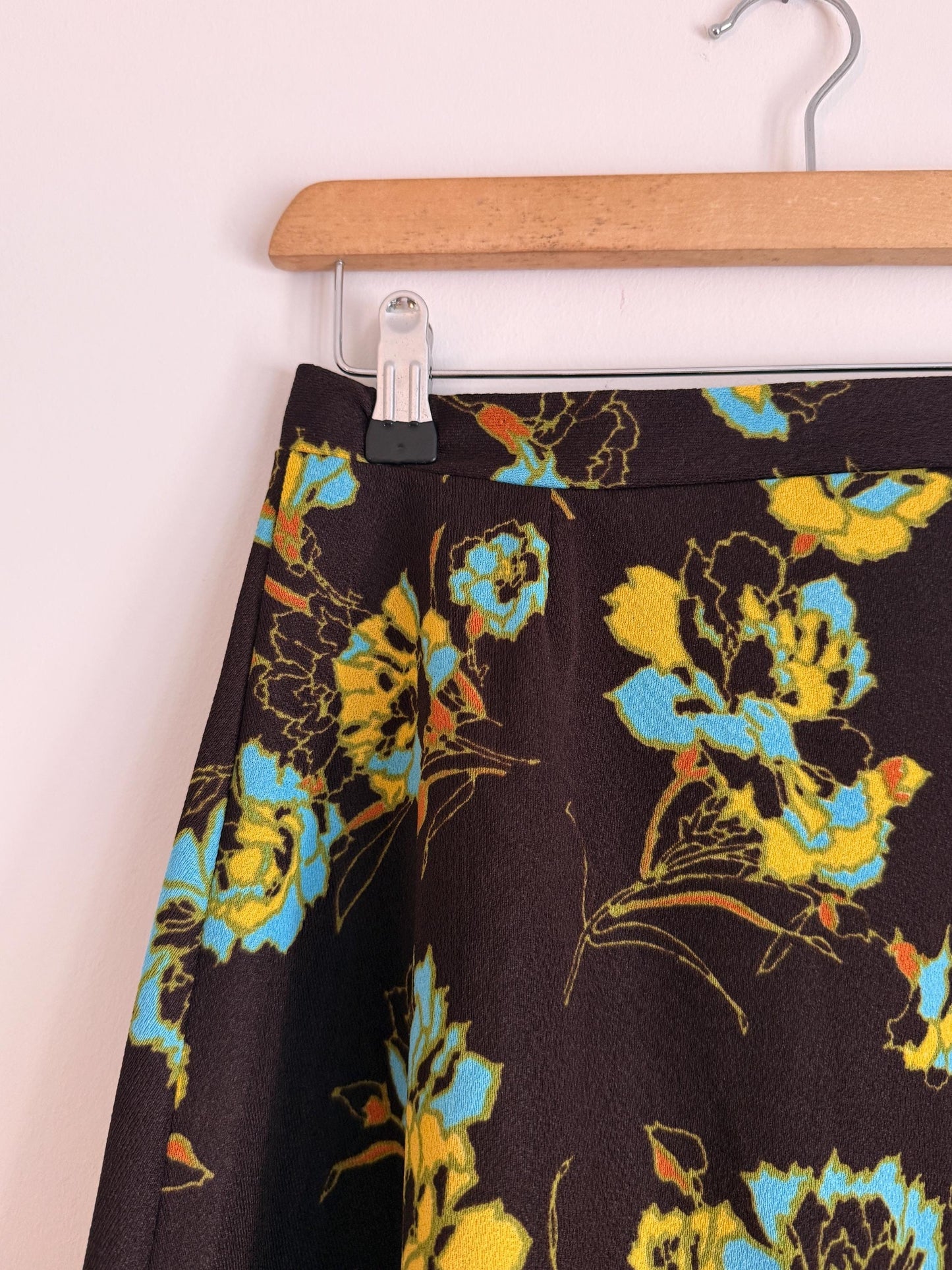 Vintage 1970s Brown Floral Maxi Skirt | Turquoise Mustard Flower Print | Boho A Line Skirt