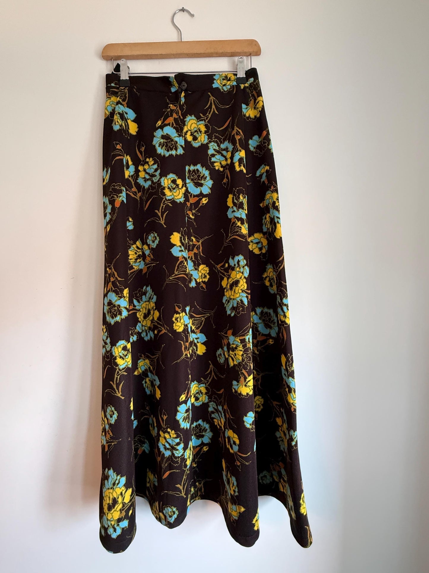 Vintage 1970s Brown Floral Maxi Skirt | Turquoise Mustard Flower Print | Boho A Line Skirt