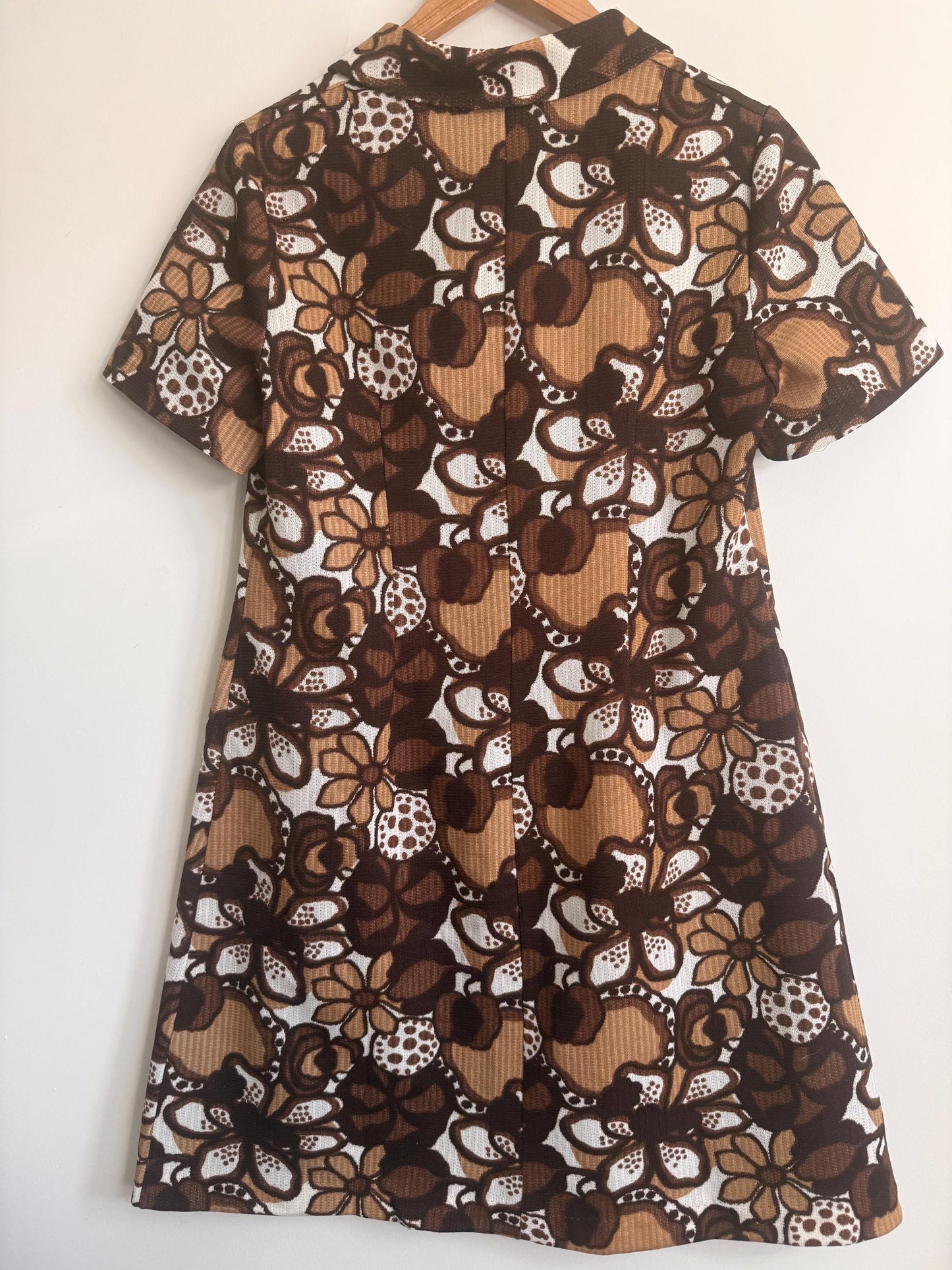 Vintage 1970s Brown Floral Mini Dress | Retro Mod Dress | Psychedelic Flower Print Dress | Collared A-Line Dress | UK 12