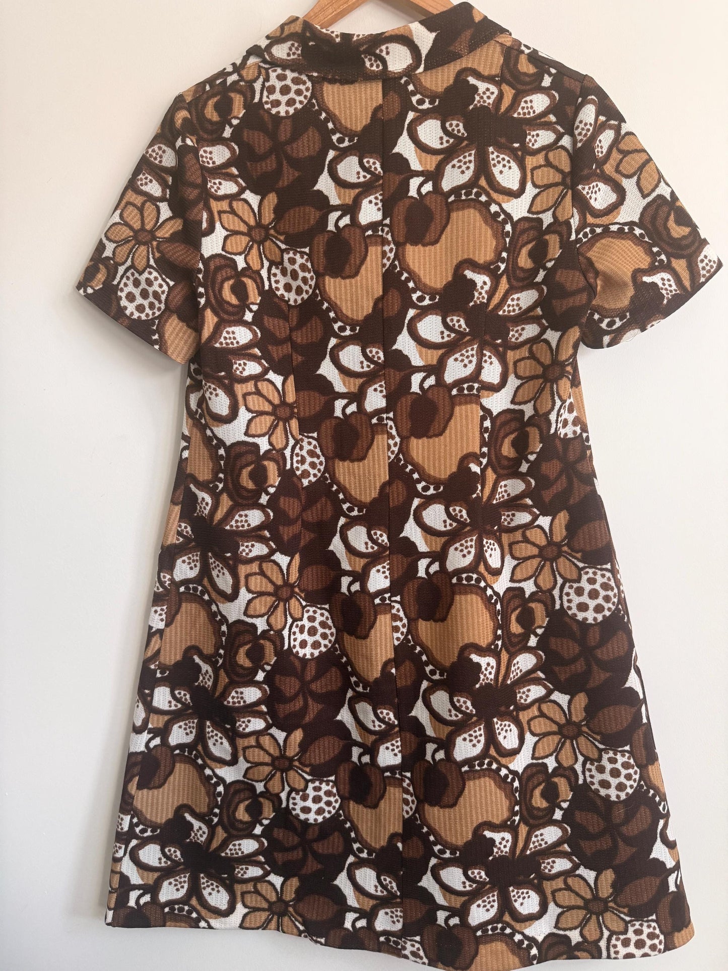 Vintage 1970s Brown Floral Mini Dress | Retro Mod Dress | Psychedelic Flower Print Dress | Collared A-Line Dress | UK 12