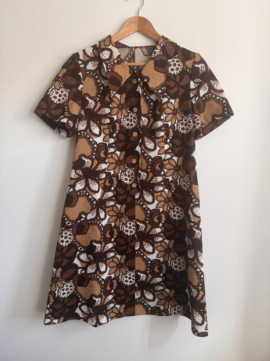 Vintage 1970s Brown Floral Mini Dress | Retro Mod Dress | Psychedelic Flower Print Dress | Collared A-Line Dress | UK 12