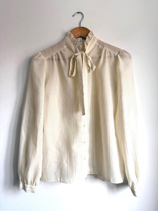 Vintage 1970s Cream Gold Stripe Blouse – Ruffle Collar Pussy Bow Shirt