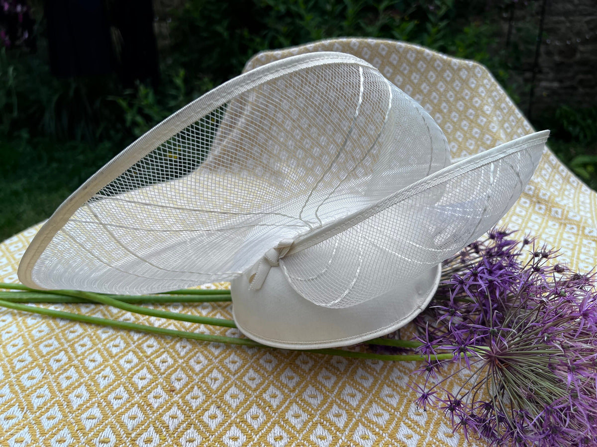 Cream Vintage hat, 1970’s sinamay Shimmer Wide Brim Tilt Perching Hat Ribbon, 70’s Tilt Hat - Genevieve Louis, Nigel Rayment Vintage Hat,