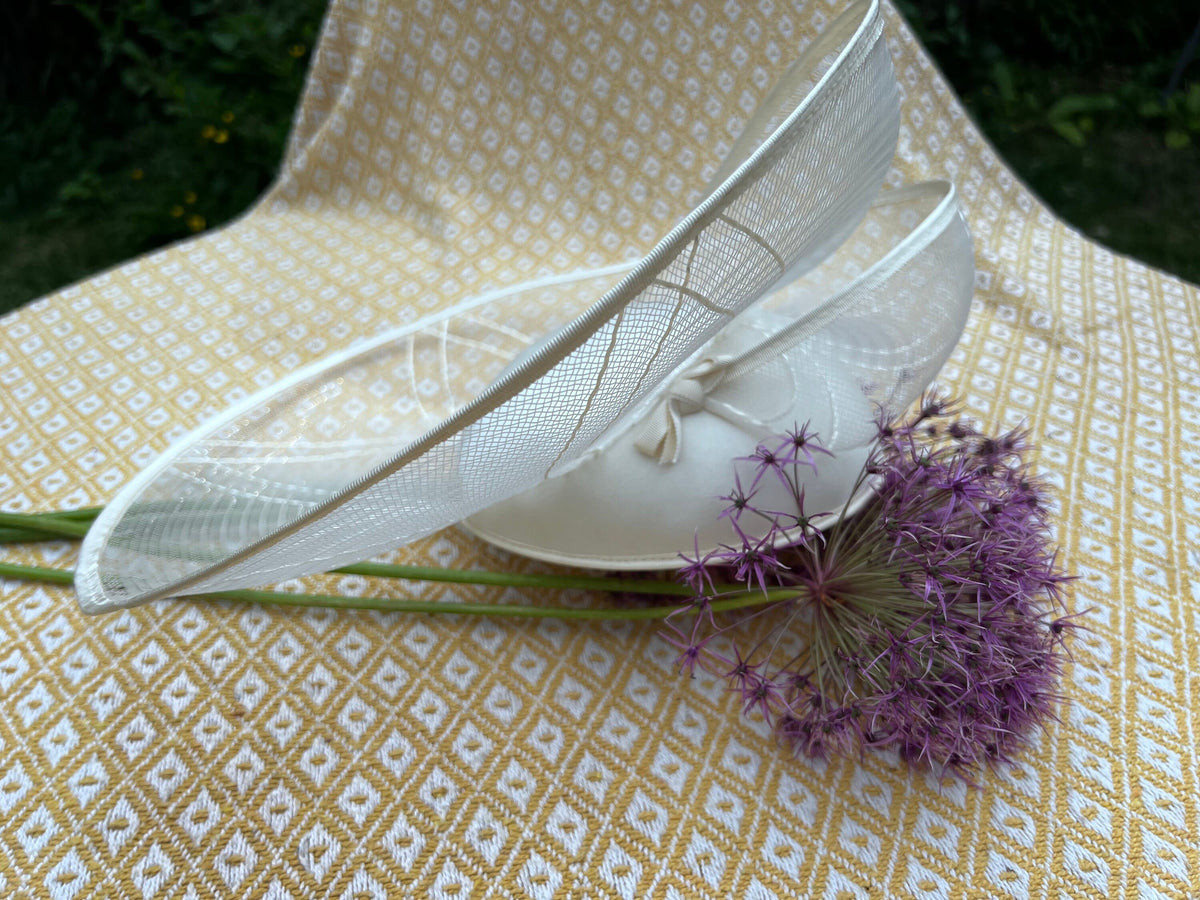 Cream Vintage hat, 1970’s sinamay Shimmer Wide Brim Tilt Perching Hat Ribbon, 70’s Tilt Hat - Genevieve Louis, Nigel Rayment Vintage Hat,