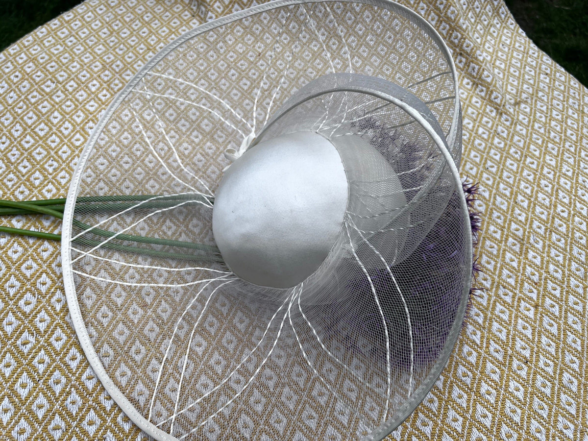 Cream Vintage hat, 1970’s sinamay Shimmer Wide Brim Tilt Perching Hat Ribbon, 70’s Tilt Hat - Genevieve Louis, Nigel Rayment Vintage Hat,