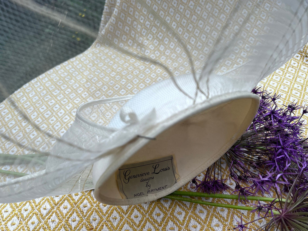 Cream Vintage hat, 1970’s sinamay Shimmer Wide Brim Tilt Perching Hat Ribbon, 70’s Tilt Hat - Genevieve Louis, Nigel Rayment Vintage Hat,