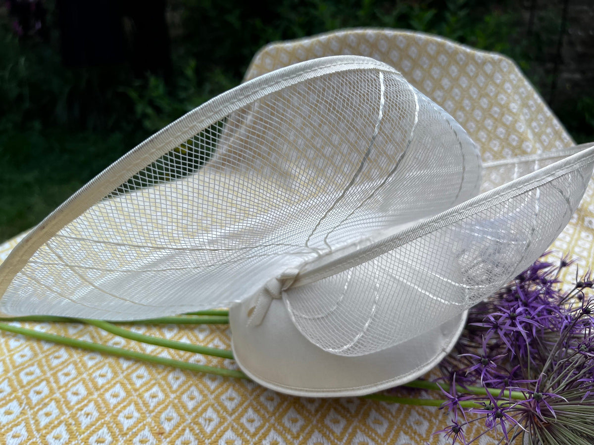 Cream Vintage hat, 1970’s sinamay Shimmer Wide Brim Tilt Perching Hat Ribbon, 70’s Tilt Hat - Genevieve Louis, Nigel Rayment Vintage Hat,