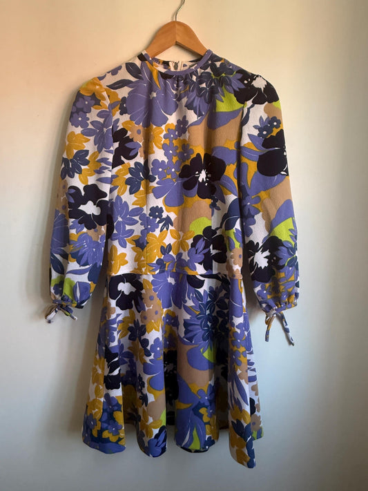 Vintage 1970s Floral Dress, Purple Mustard Flower Power Print, Tie Cuffs,