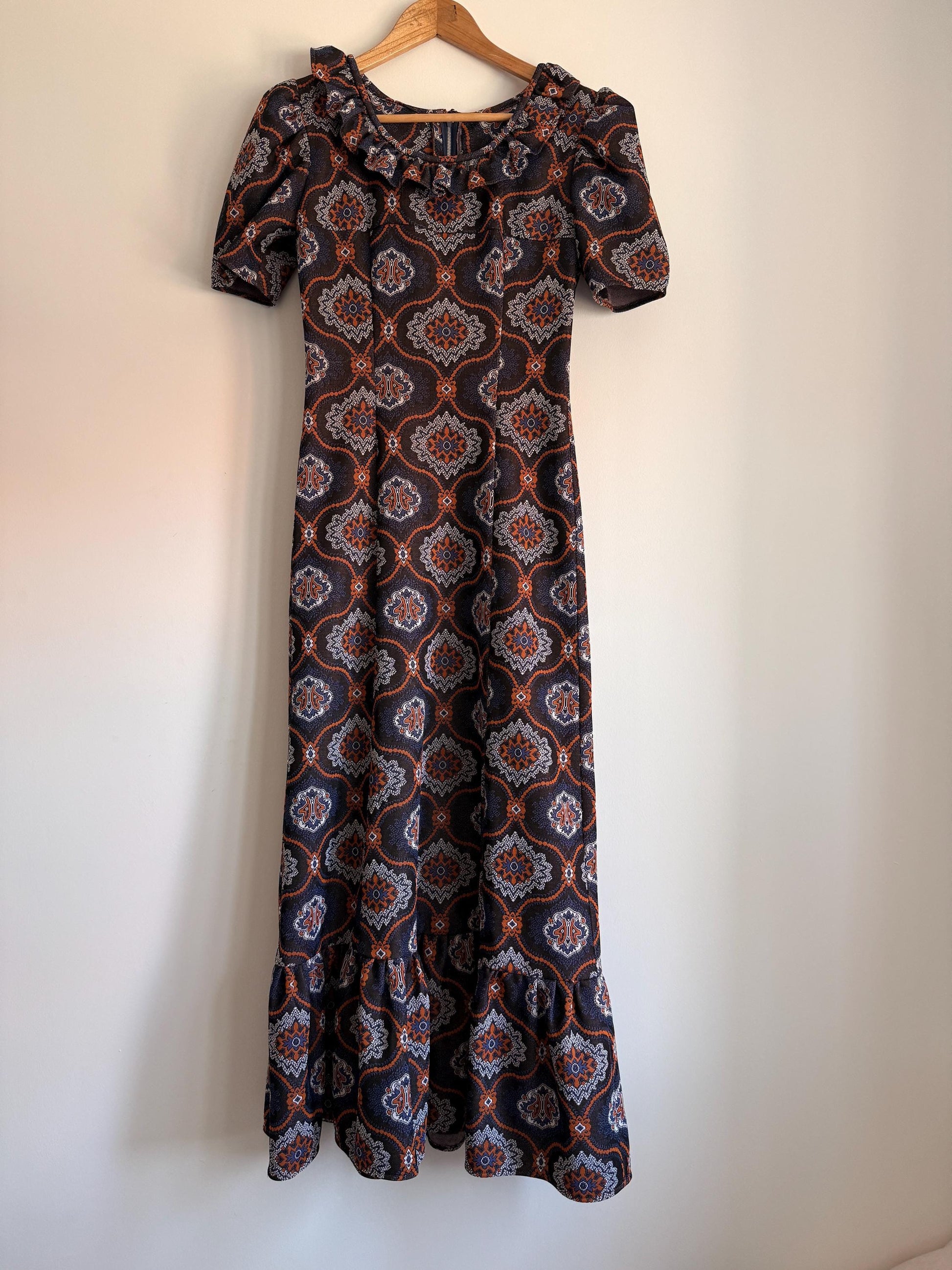 Vintage 1970s Geometric Maxi Dress | Brown Paisley Dress | Ruffle Hem Dress | Retro Boho Maxi | UK Women's Vintage UK6-8