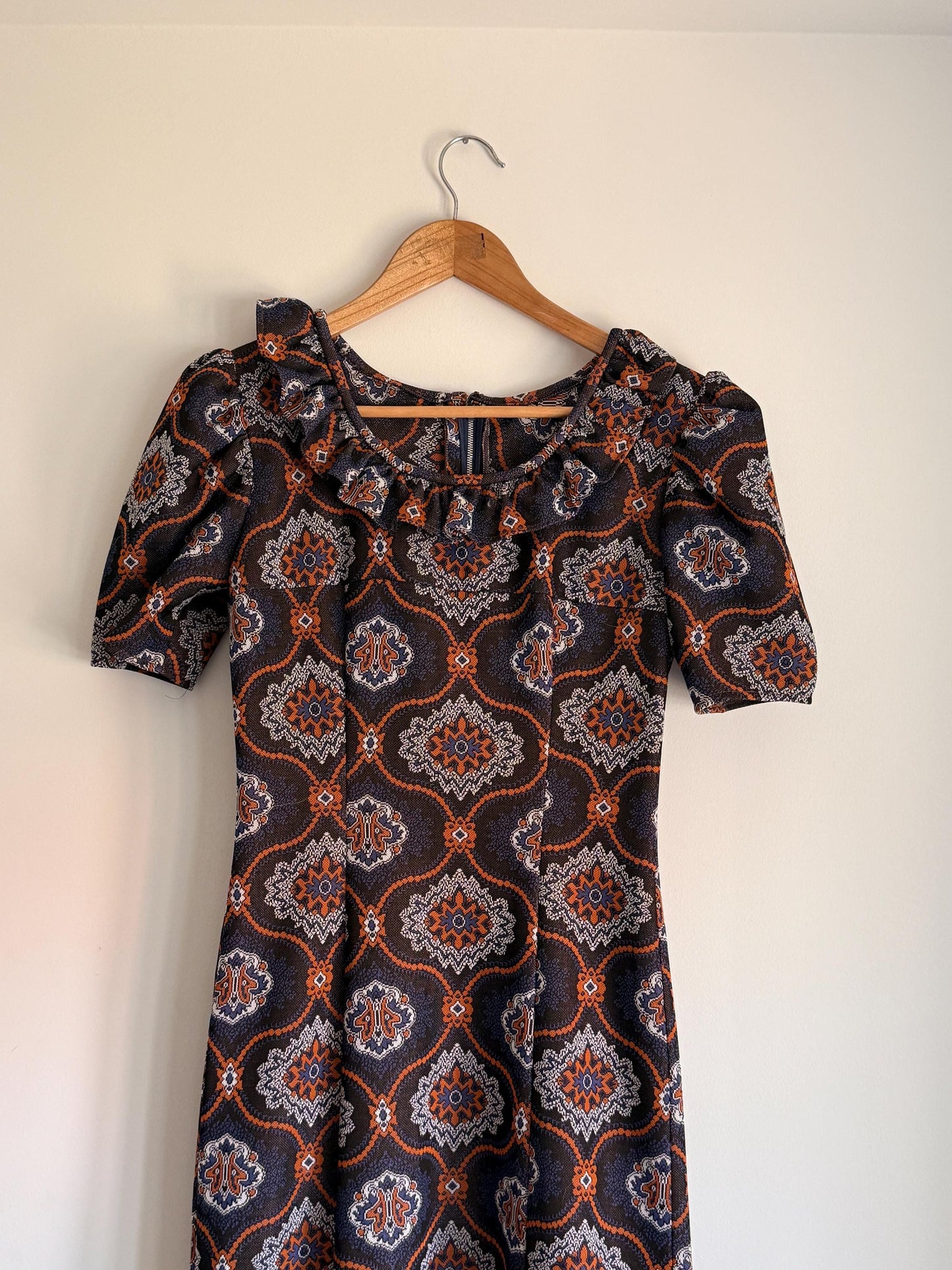 Vintage 1970s Geometric Maxi Dress | Brown Paisley Dress | Ruffle Hem Dress | Retro Boho Maxi | UK Women's Vintage UK6-8