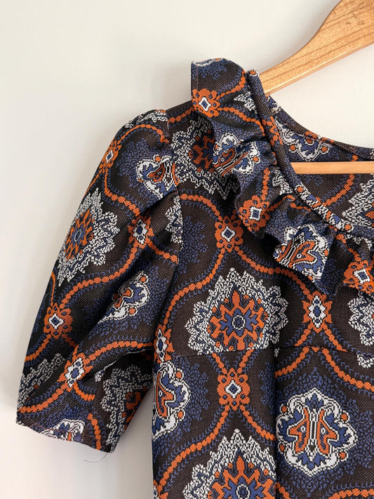 Vintage 1970s Geometric Maxi Dress | Brown Paisley Dress | Ruffle Hem Dress | Retro Boho Maxi | UK Women's Vintage UK6-8