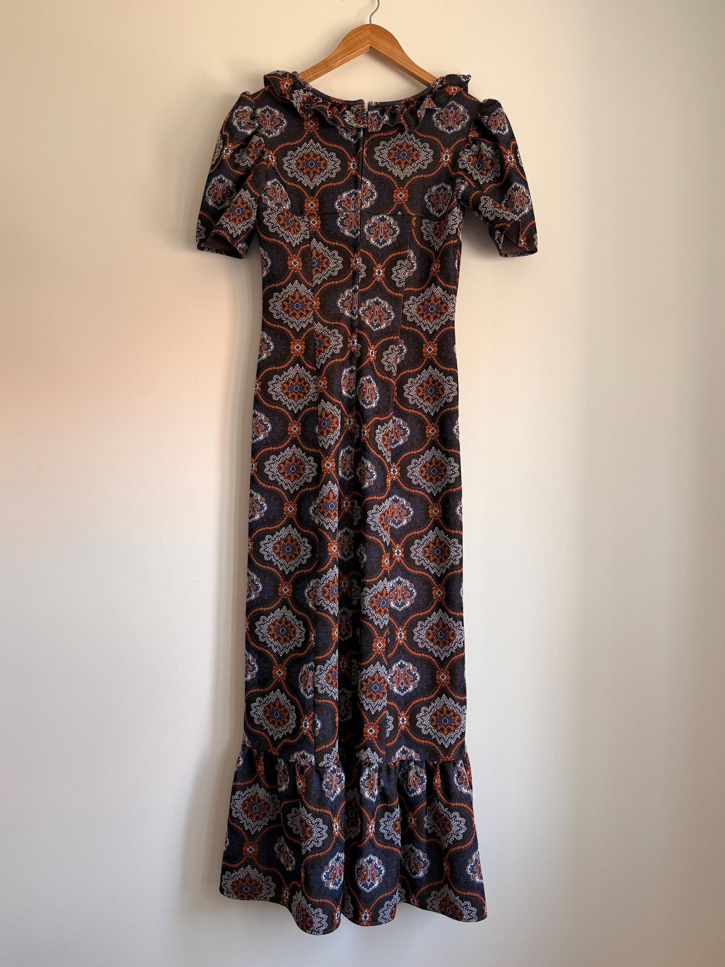 Vintage 1970s Geometric Maxi Dress | Brown Paisley Dress | Ruffle Hem Dress | Retro Boho Maxi | UK Women's Vintage UK6-8