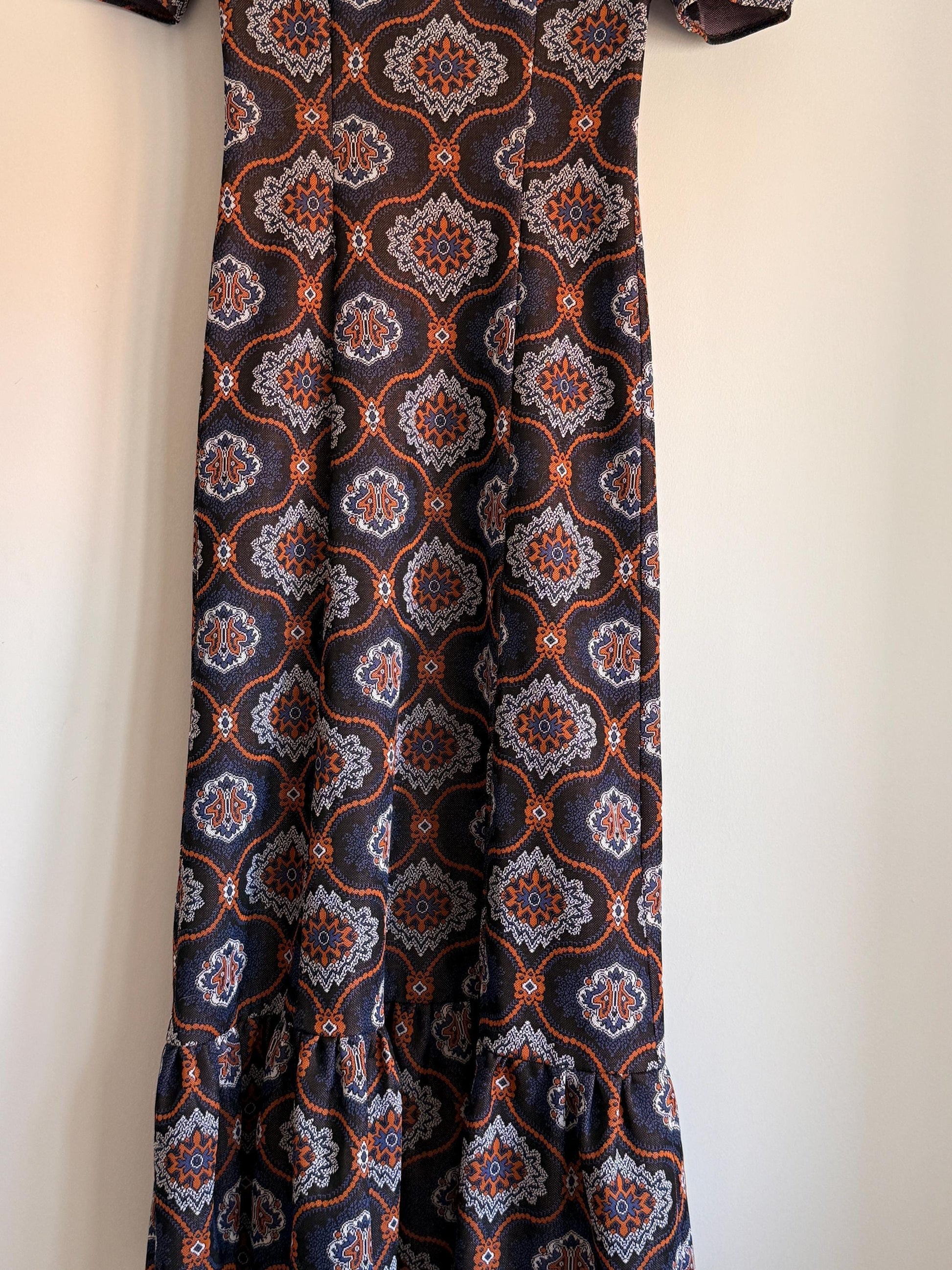 Vintage 1970s Geometric Maxi Dress | Brown Paisley Dress | Ruffle Hem Dress | Retro Boho Maxi | UK Women's Vintage UK6-8