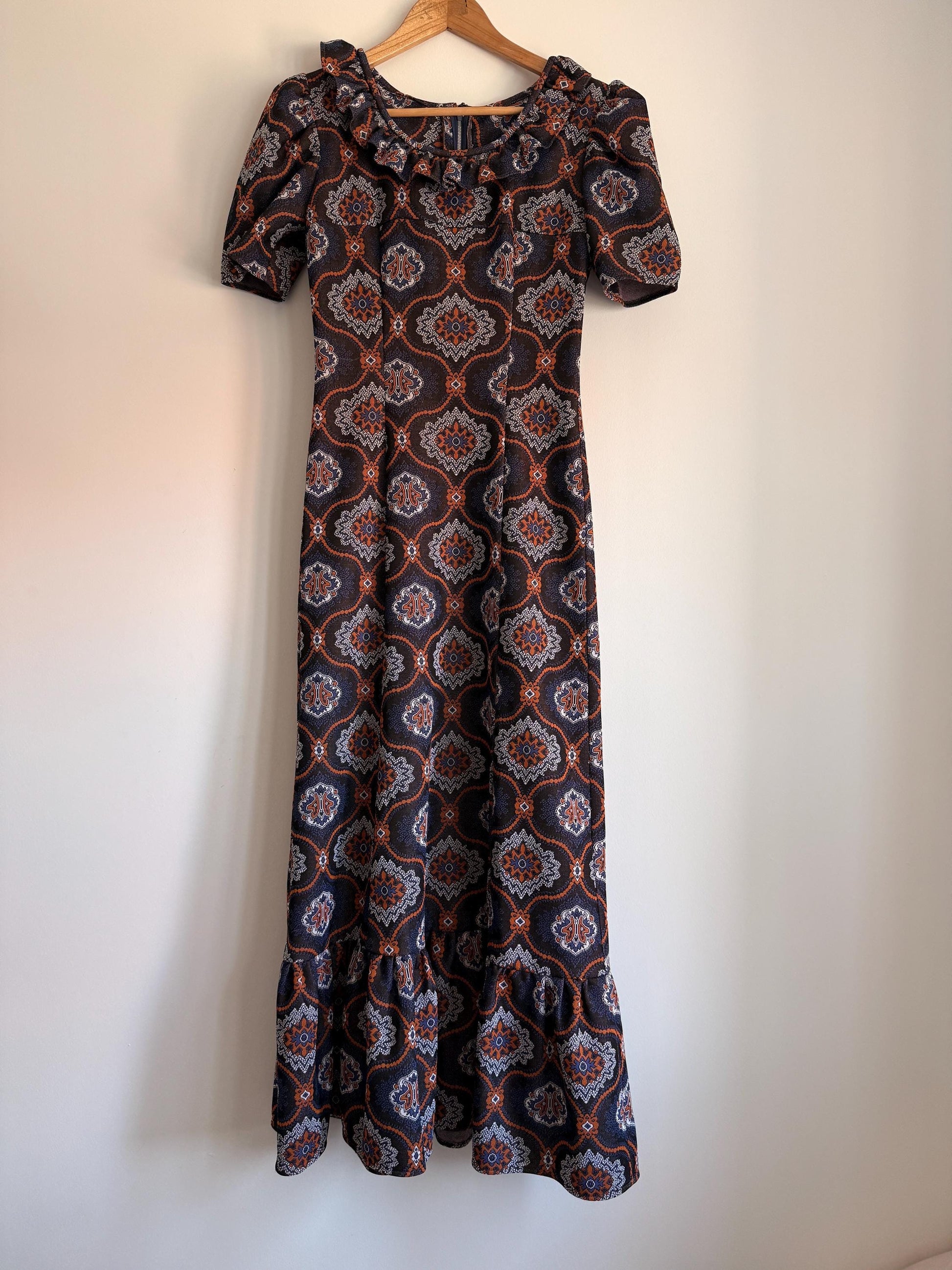 Vintage 1970s Geometric Maxi Dress | Brown Paisley Dress | Ruffle Hem Dress | Retro Boho Maxi | UK Women's Vintage UK6-8