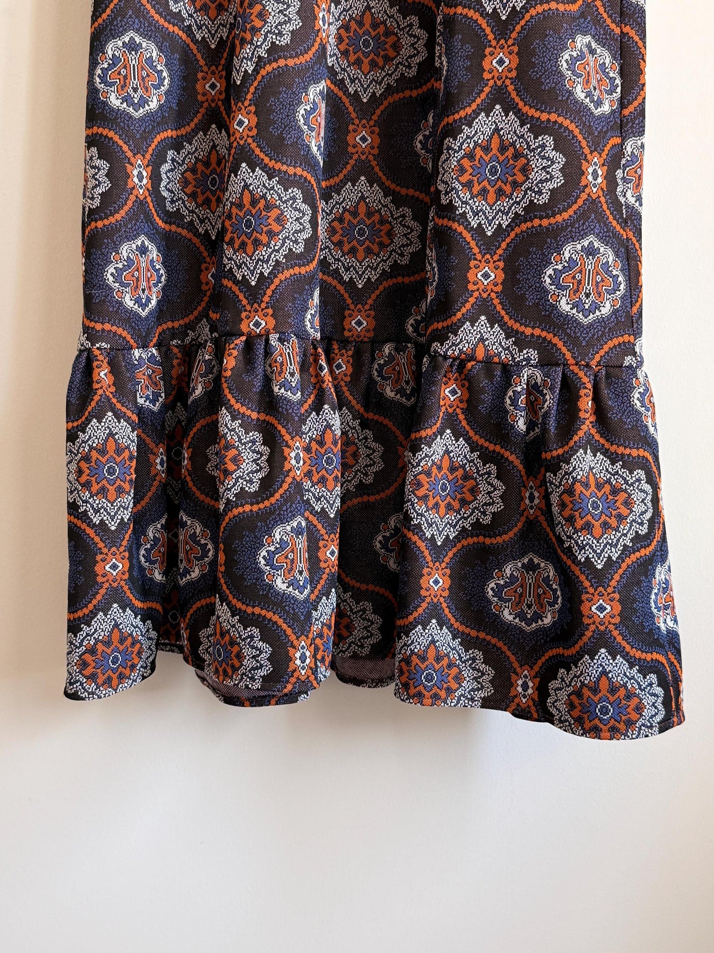 Vintage 1970s Geometric Maxi Dress | Brown Paisley Dress | Ruffle Hem Dress | Retro Boho Maxi | UK Women's Vintage UK6-8