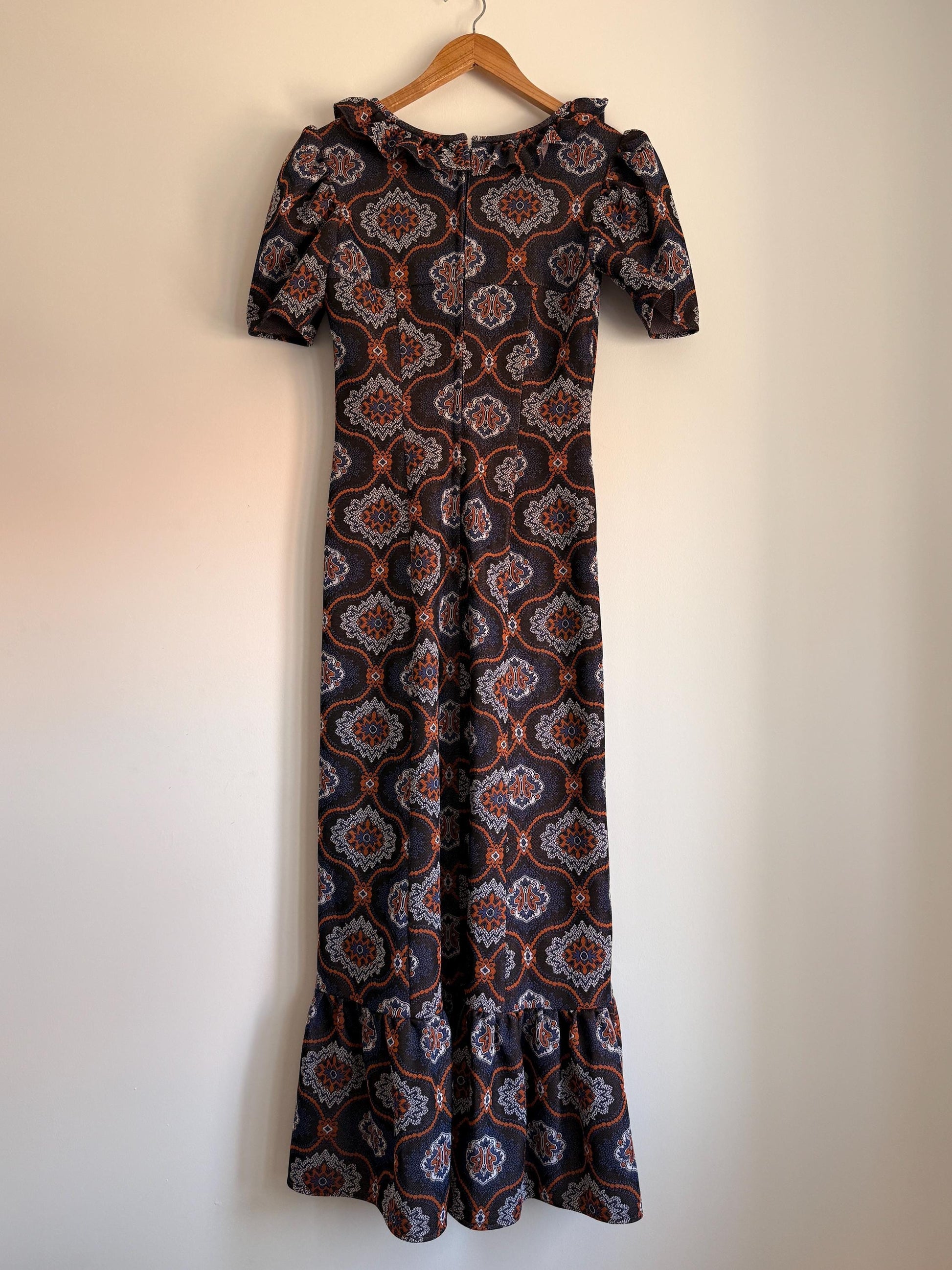 Vintage 1970s Geometric Maxi Dress | Brown Paisley Dress | Ruffle Hem Dress | Retro Boho Maxi | UK Women's Vintage UK6-8