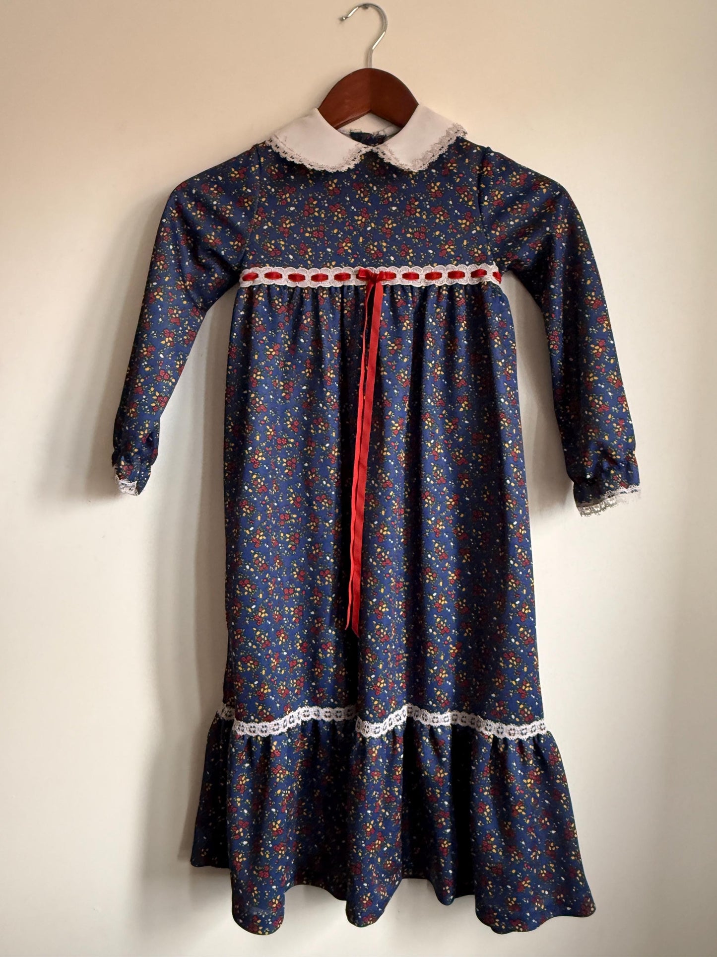 Vintage 1970s Girls Prairie Maxi Dress | Blue Floral Lace Trim Children's Dress | Folk Cottagecore Age 8