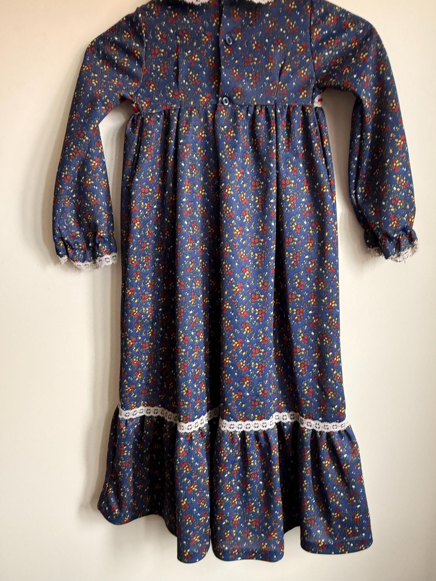 Vintage 1970s Girls Prairie Maxi Dress | Blue Floral Lace Trim Children's Dress | Folk Cottagecore Age 8