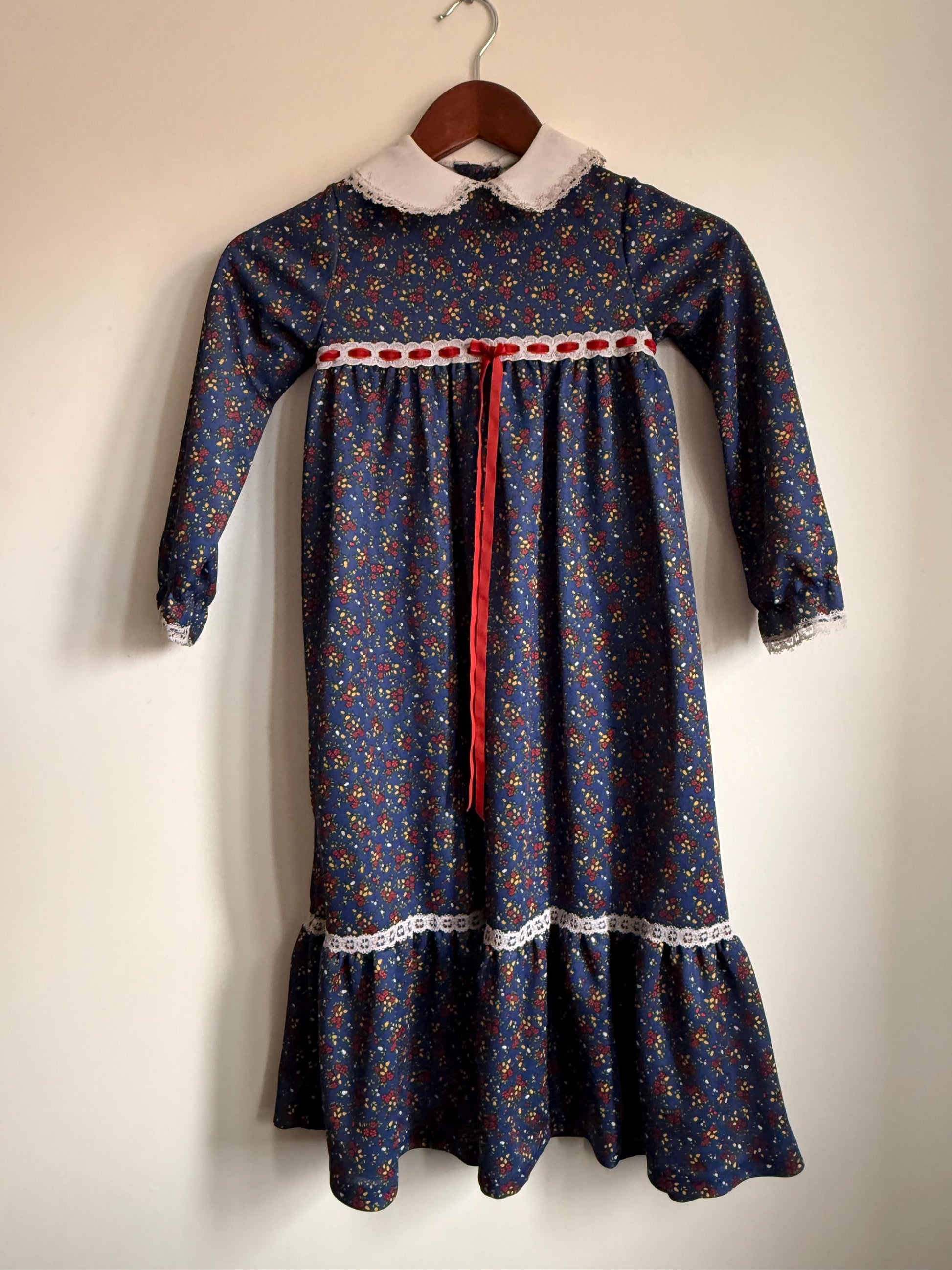 Vintage 1970s Girls Prairie Maxi Dress | Blue Floral Lace Trim Children's Dress | Folk Cottagecore Age 8