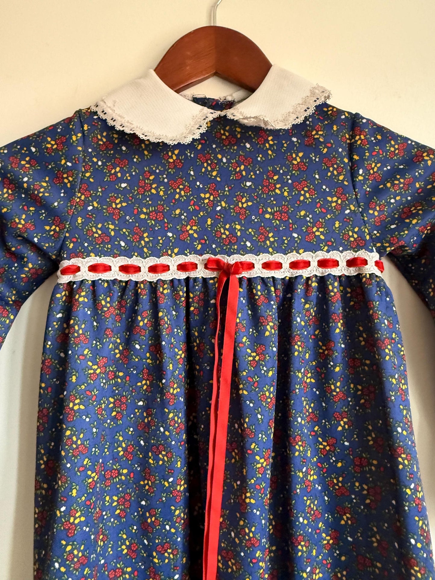 Vintage 1970s Girls Prairie Maxi Dress | Blue Floral Lace Trim Children's Dress | Folk Cottagecore Age 8