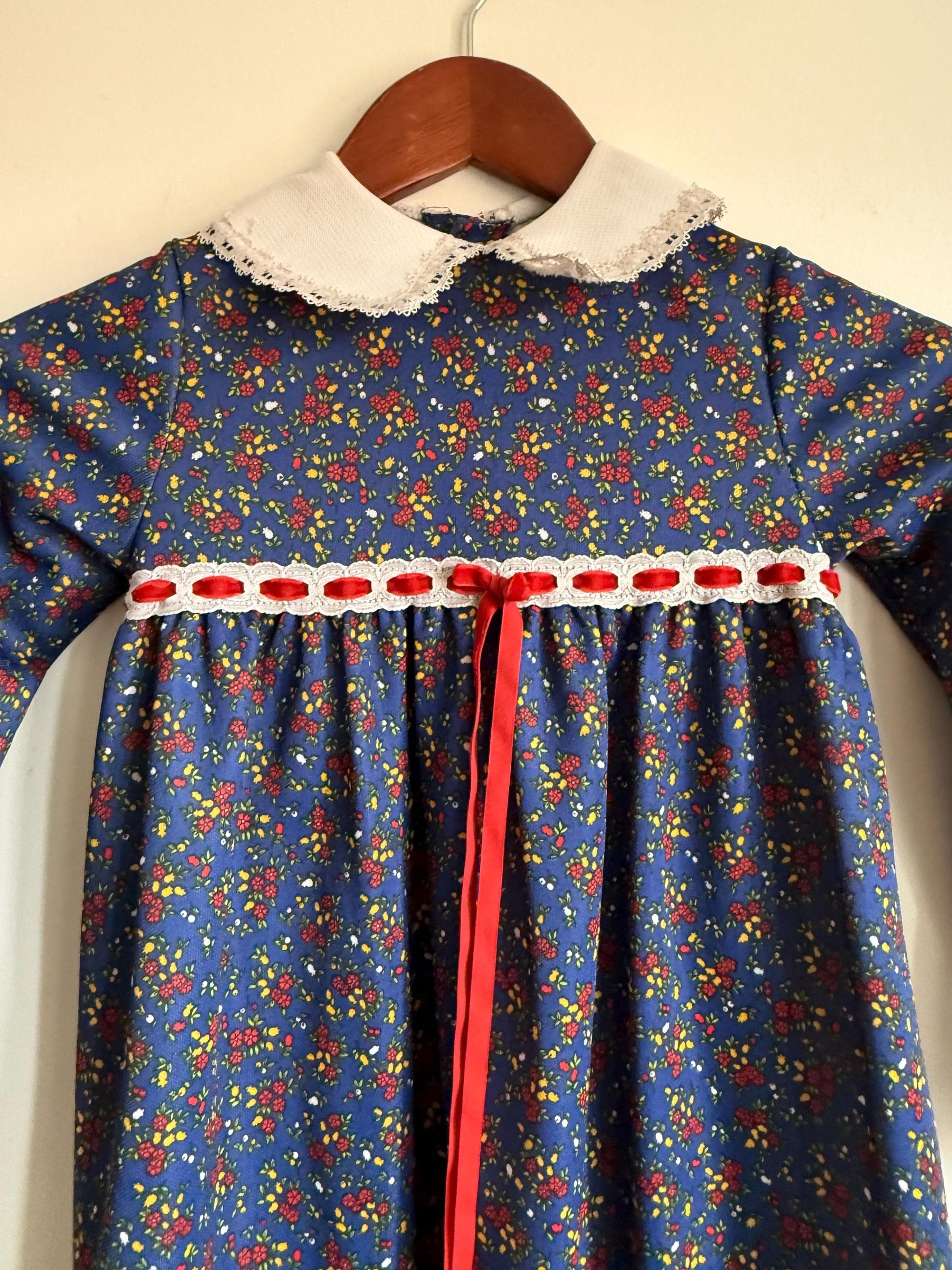 Vintage 1970s Girls Prairie Maxi Dress | Blue Floral Lace Trim Children's Dress | Folk Cottagecore Age 8