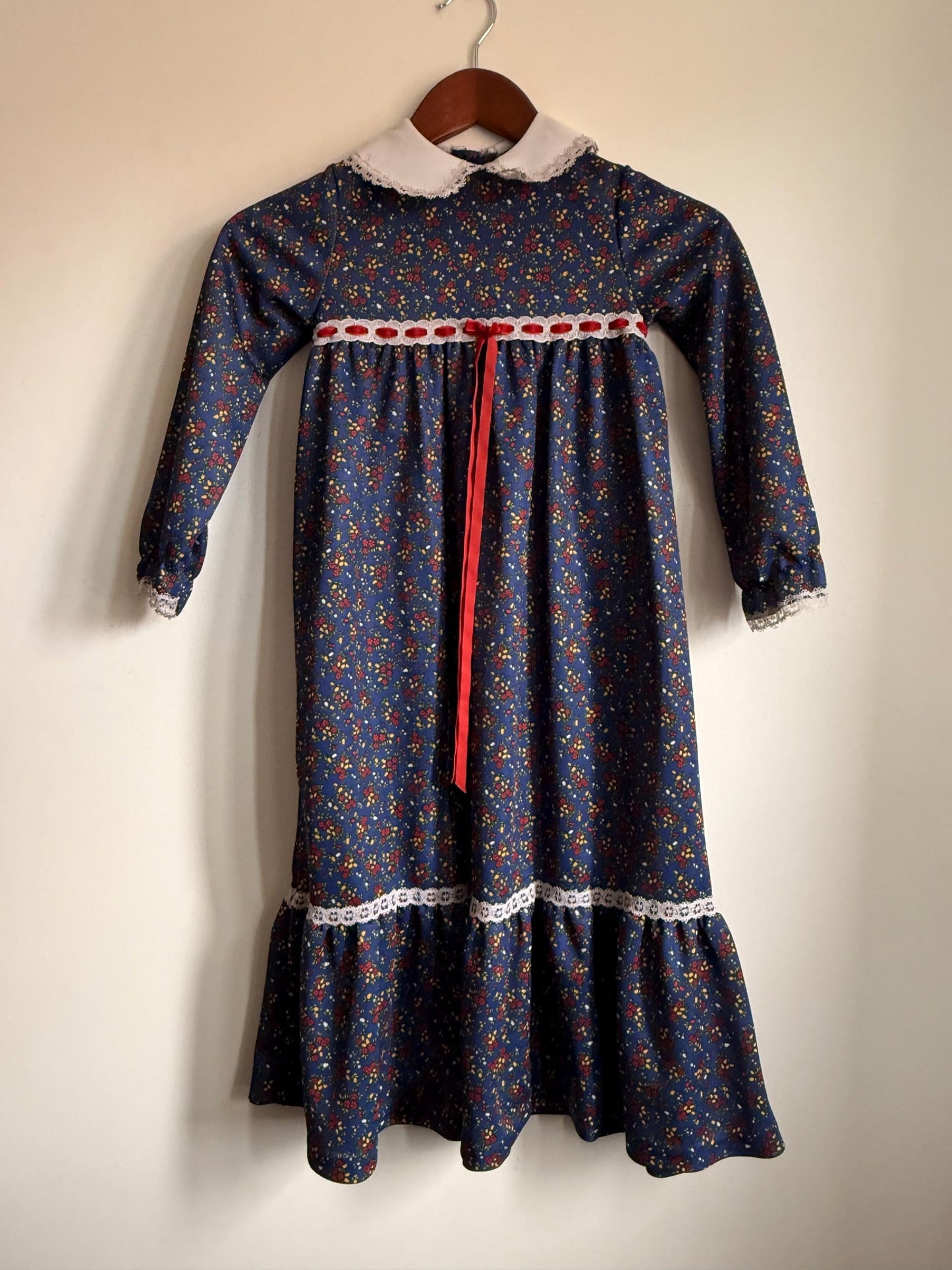 Vintage 1970s Girls Prairie Maxi Dress | Blue Floral Lace Trim Children's Dress | Folk Cottagecore Age 8