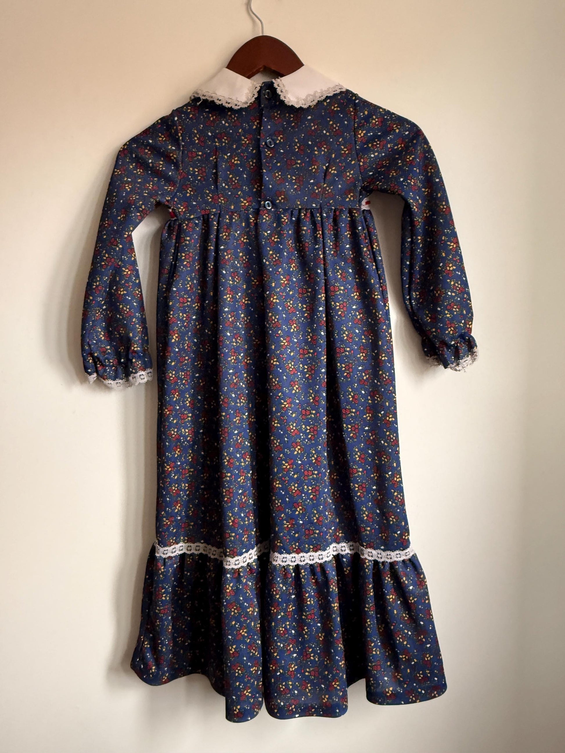 Vintage 1970s Girls Prairie Maxi Dress | Blue Floral Lace Trim Children's Dress | Folk Cottagecore Age 8