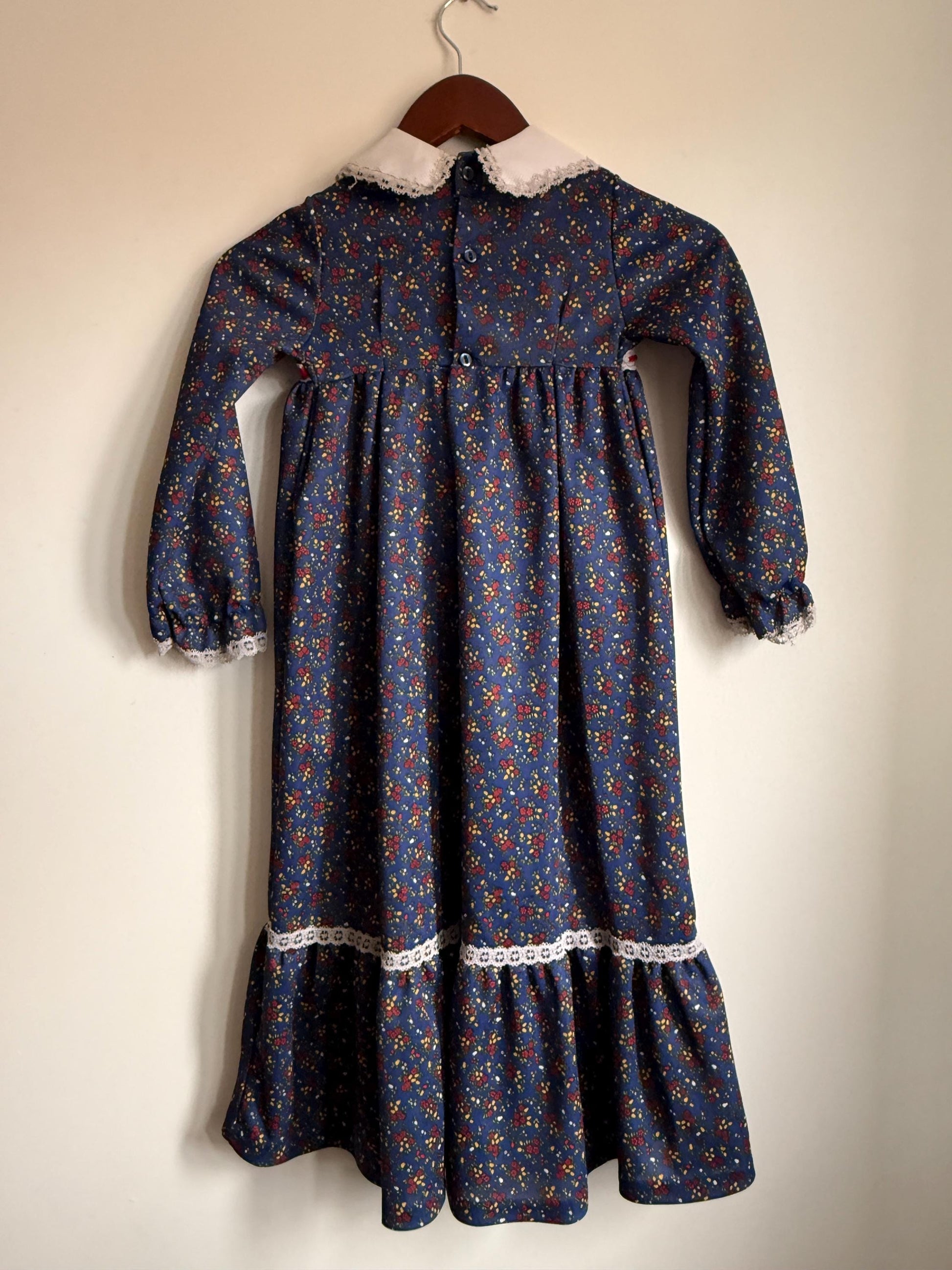 Vintage 1970s Girls Prairie Maxi Dress | Blue Floral Lace Trim Children's Dress | Folk Cottagecore Age 8