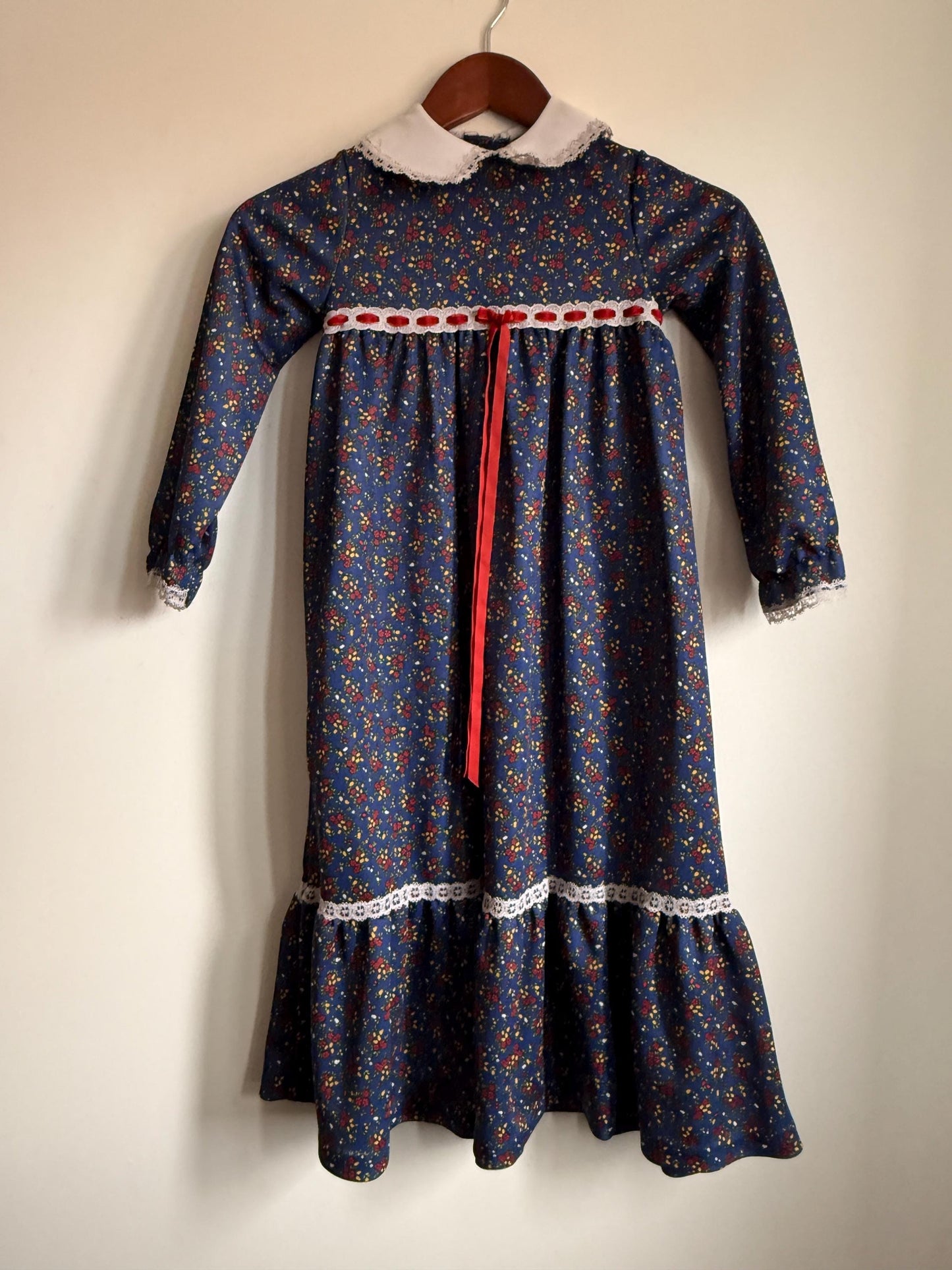 Vintage 1970s Girls Prairie Maxi Dress | Blue Floral Lace Trim Children's Dress | Folk Cottagecore Age 8