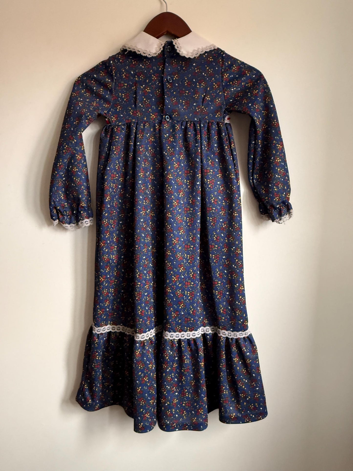 Vintage 1970s Girls Prairie Maxi Dress | Blue Floral Lace Trim Children's Dress | Folk Cottagecore Age 8
