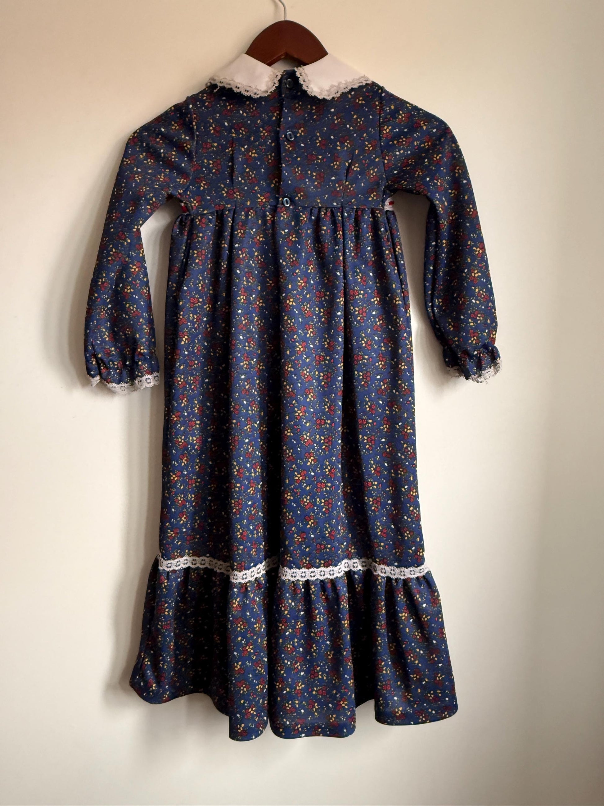 Vintage 1970s Girls Prairie Maxi Dress | Blue Floral Lace Trim Children's Dress | Folk Cottagecore Age 8