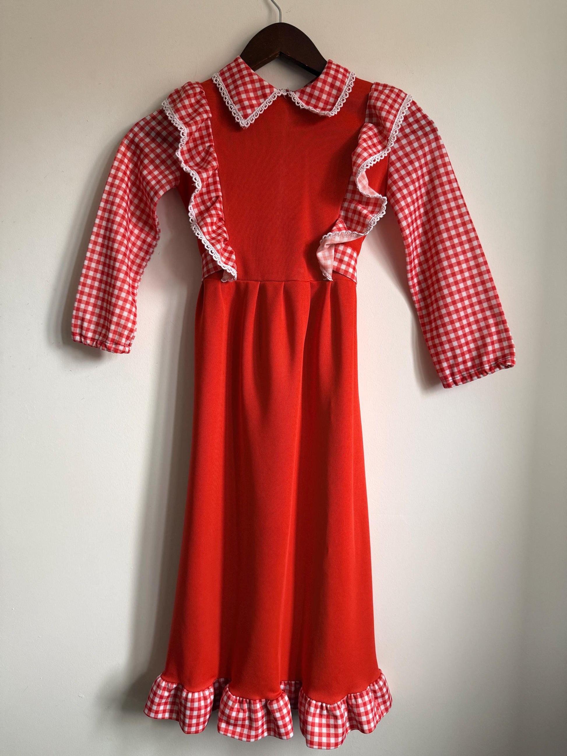 Vintage 1970s Girls Red Gingham Prairie Maxi Dress | Ruffle Children's Folk Dress - St Bernard Made in England Age 8