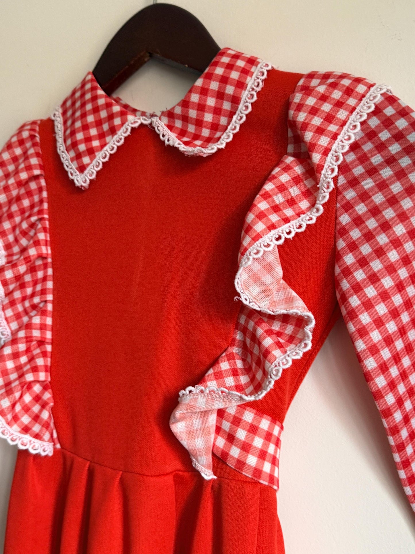 Vintage 1970s Girls Red Gingham Prairie Maxi Dress | Ruffle Children's Folk Dress - St Bernard Made in England Age 8