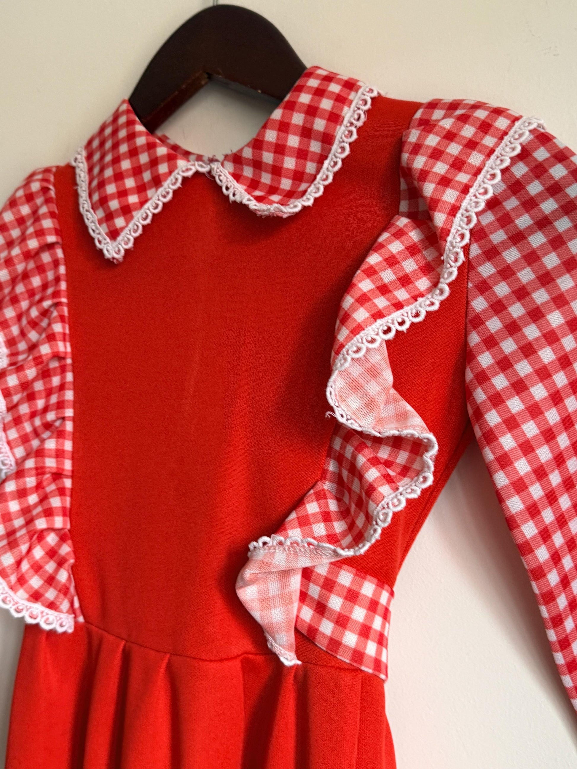 Vintage 1970s Girls Red Gingham Prairie Maxi Dress | Ruffle Children's Folk Dress - St Bernard Made in England Age 8