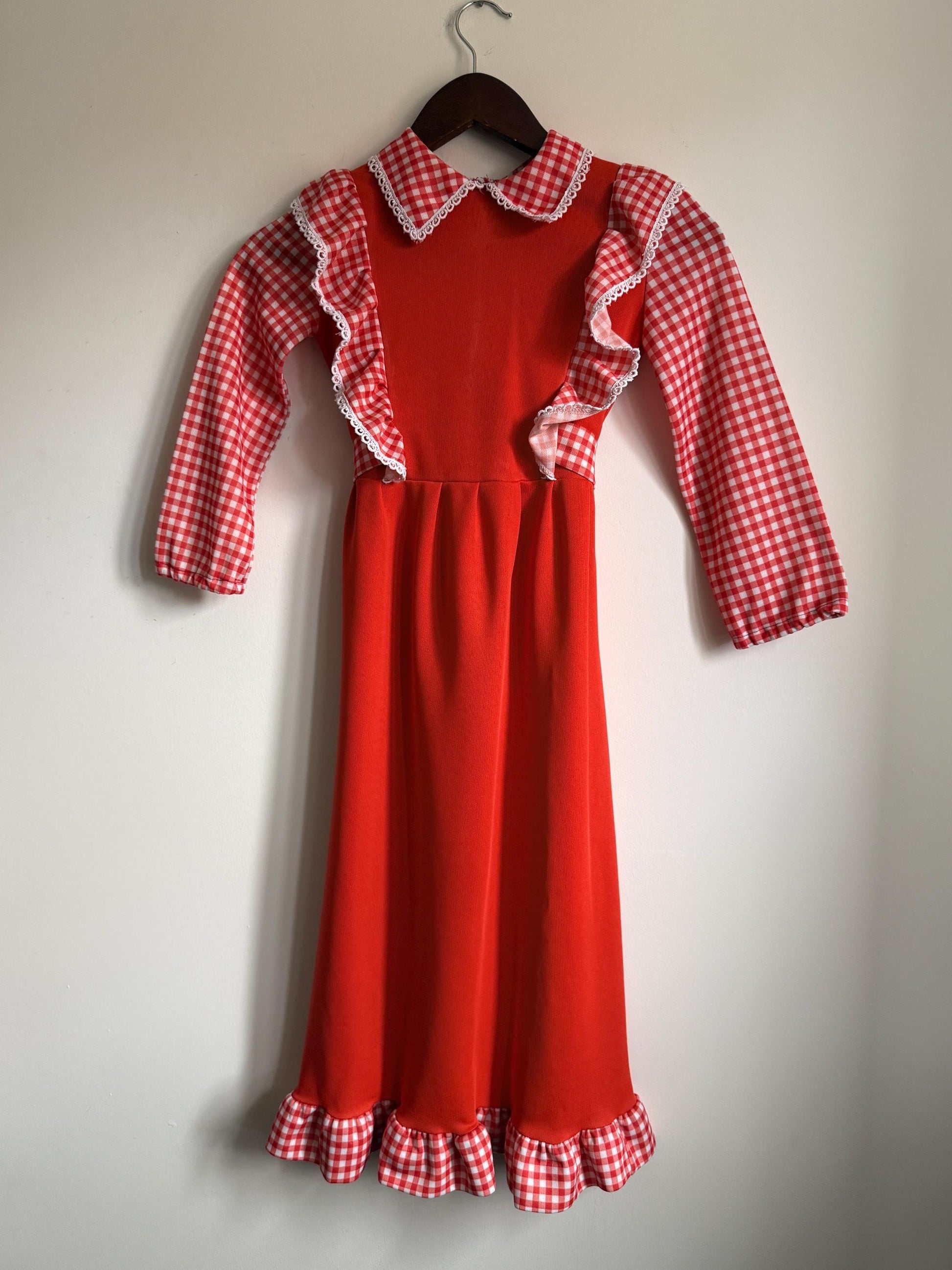 Vintage 1970s Girls Red Gingham Prairie Maxi Dress | Ruffle Children's Folk Dress - St Bernard Made in England Age 8