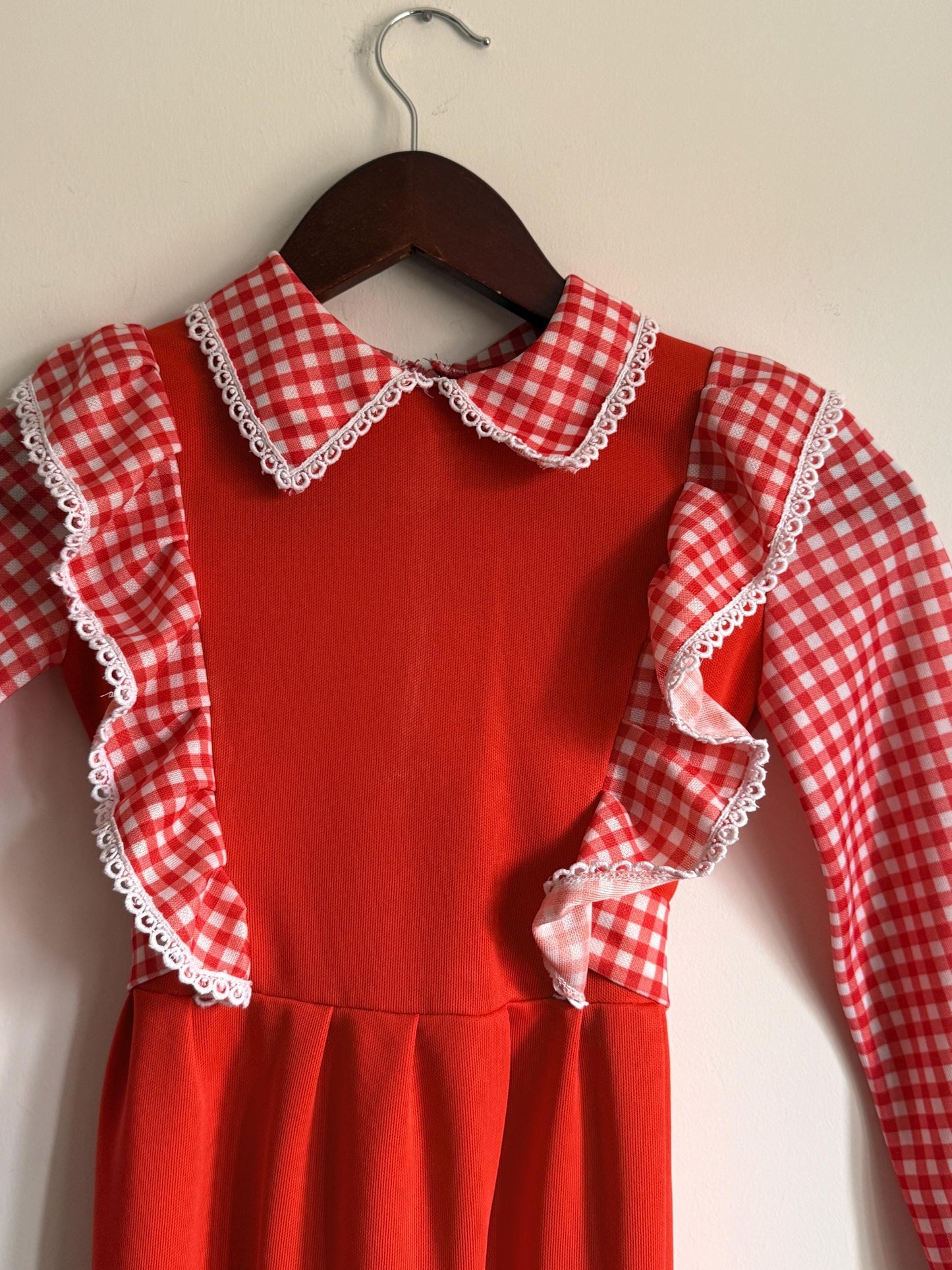 Vintage 1970s Girls Red Gingham Prairie Maxi Dress | Ruffle Children's Folk Dress - St Bernard Made in England Age 8