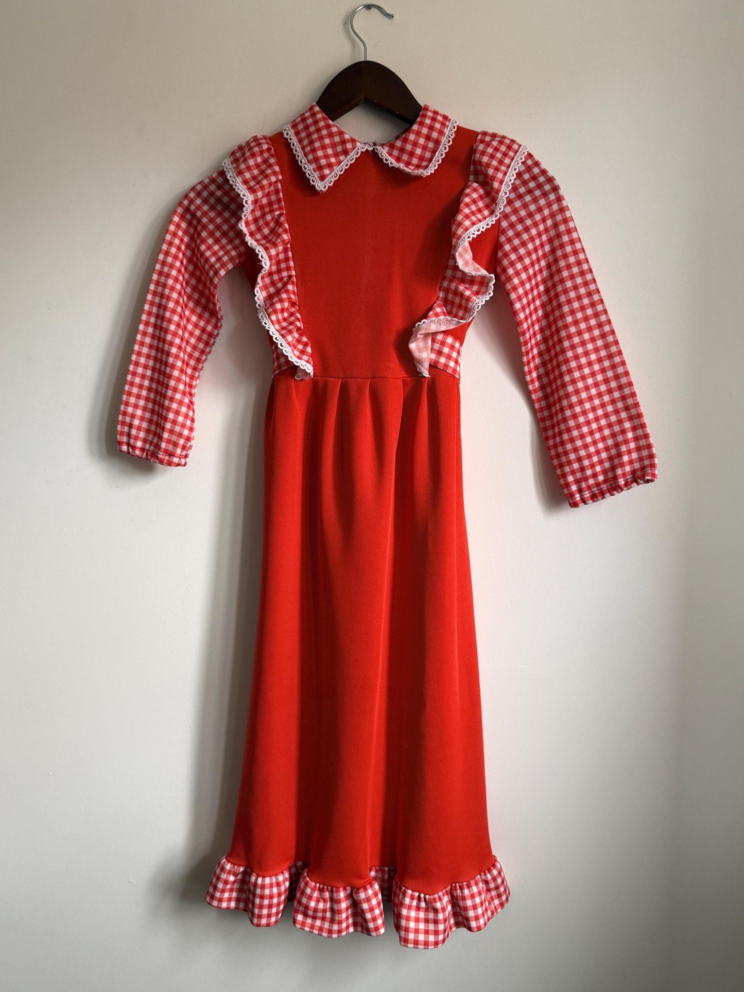 Vintage 1970s Girls Red Gingham Prairie Maxi Dress | Ruffle Children's Folk Dress - St Bernard Made in England Age 8